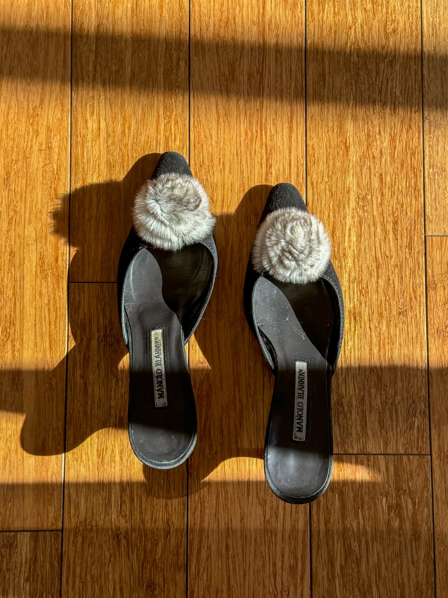 Manolo Blahnik Chinchilla Pom-Pom Mules 36