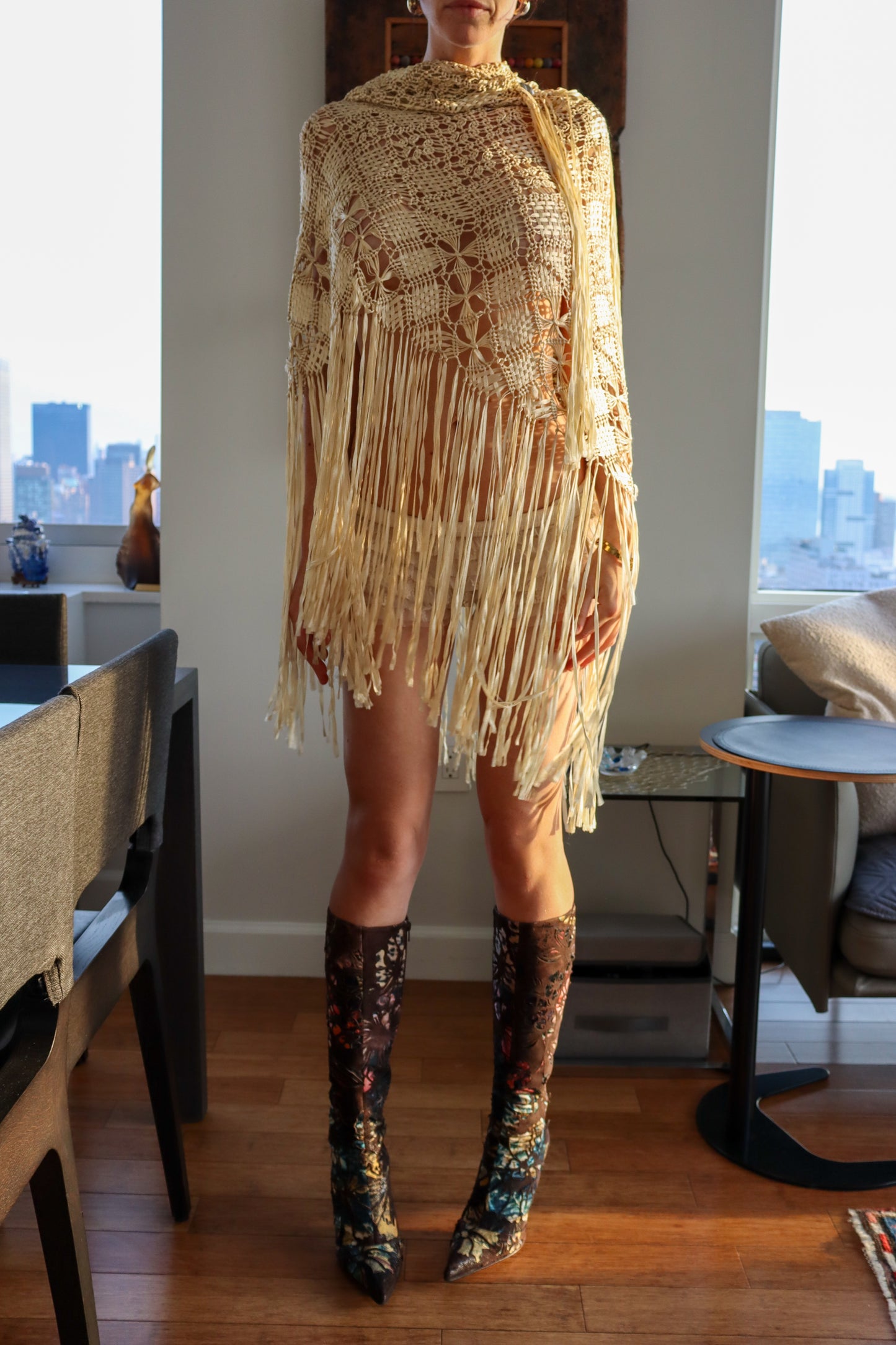 1920s Antique Silk Fringe Shawl