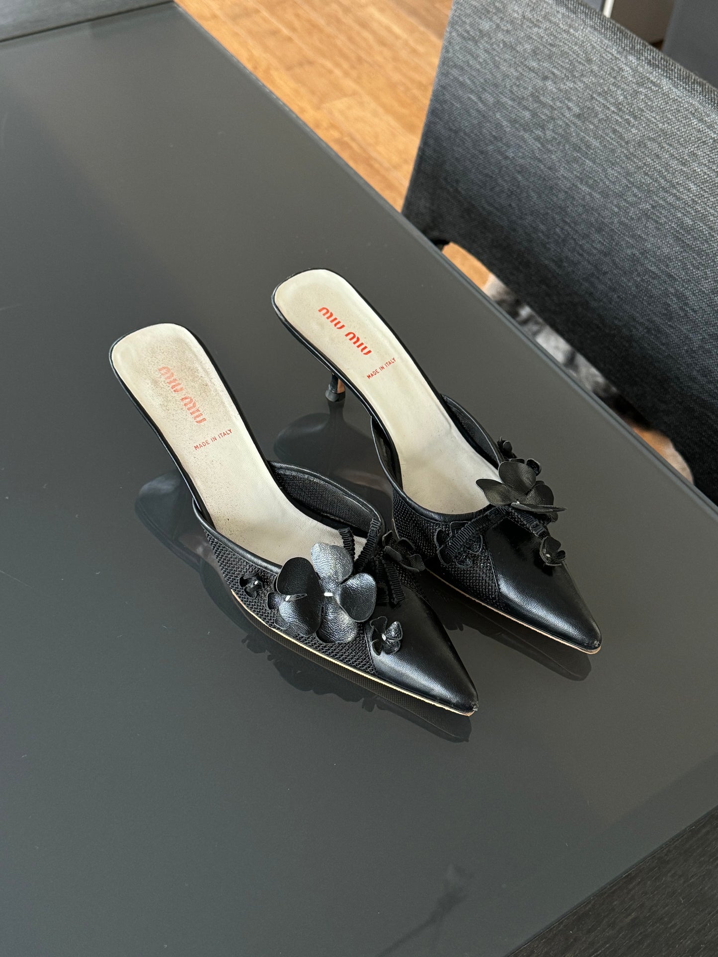 Miu Miu Leather/Mesh Flower Embellished Mules 37