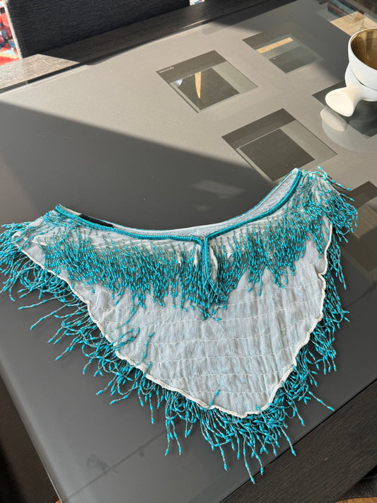 Vintage Turquoise Beaded Silk Fringe Shawl Top