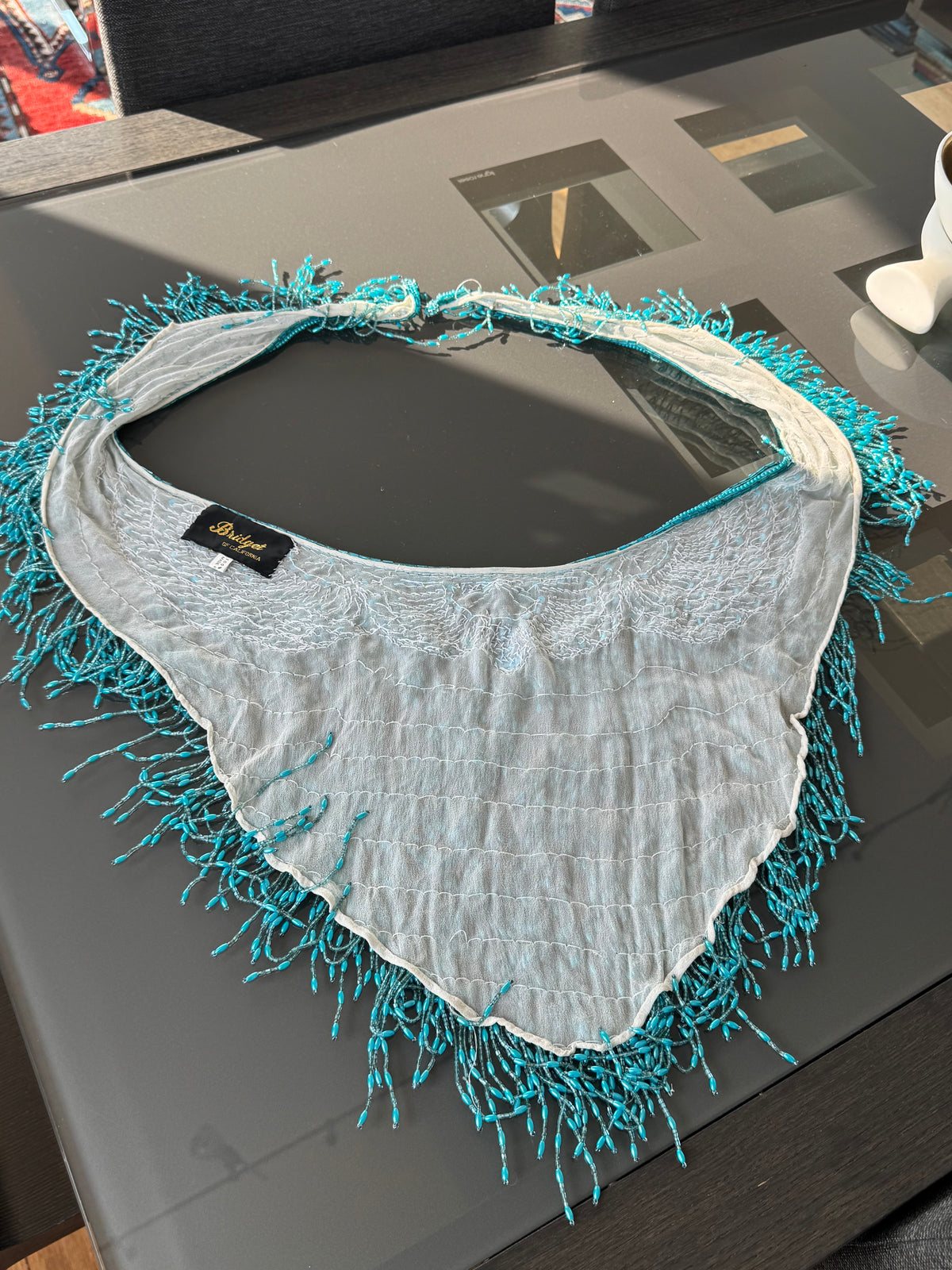 Vintage Turquoise Beaded Silk Fringe Shawl Top