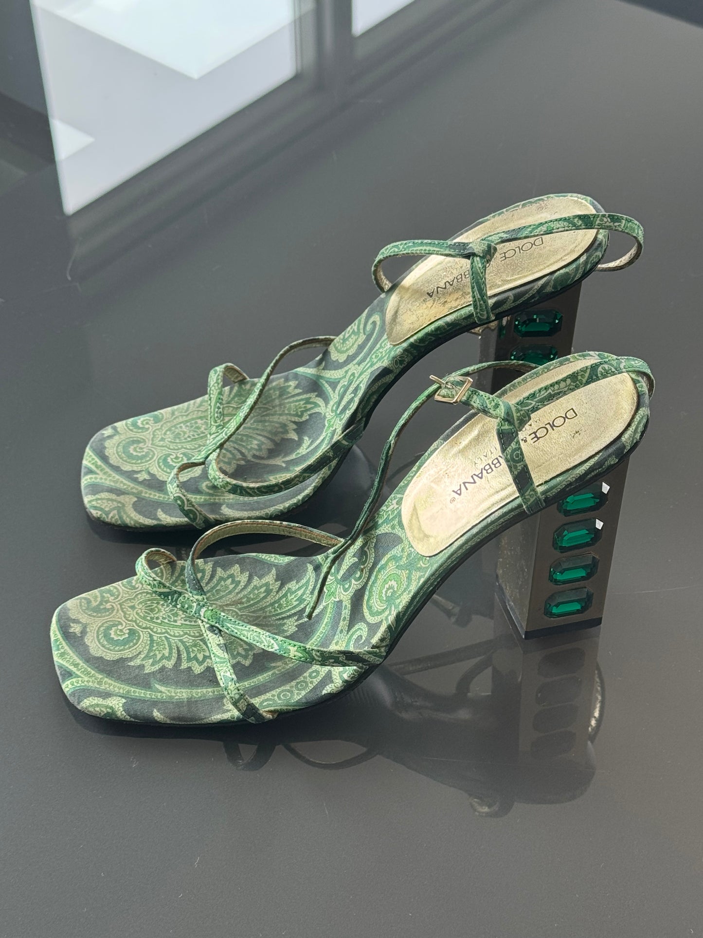 Dolce & Gabbana S/S 2000 Emerald Gem Block Heels 37.5