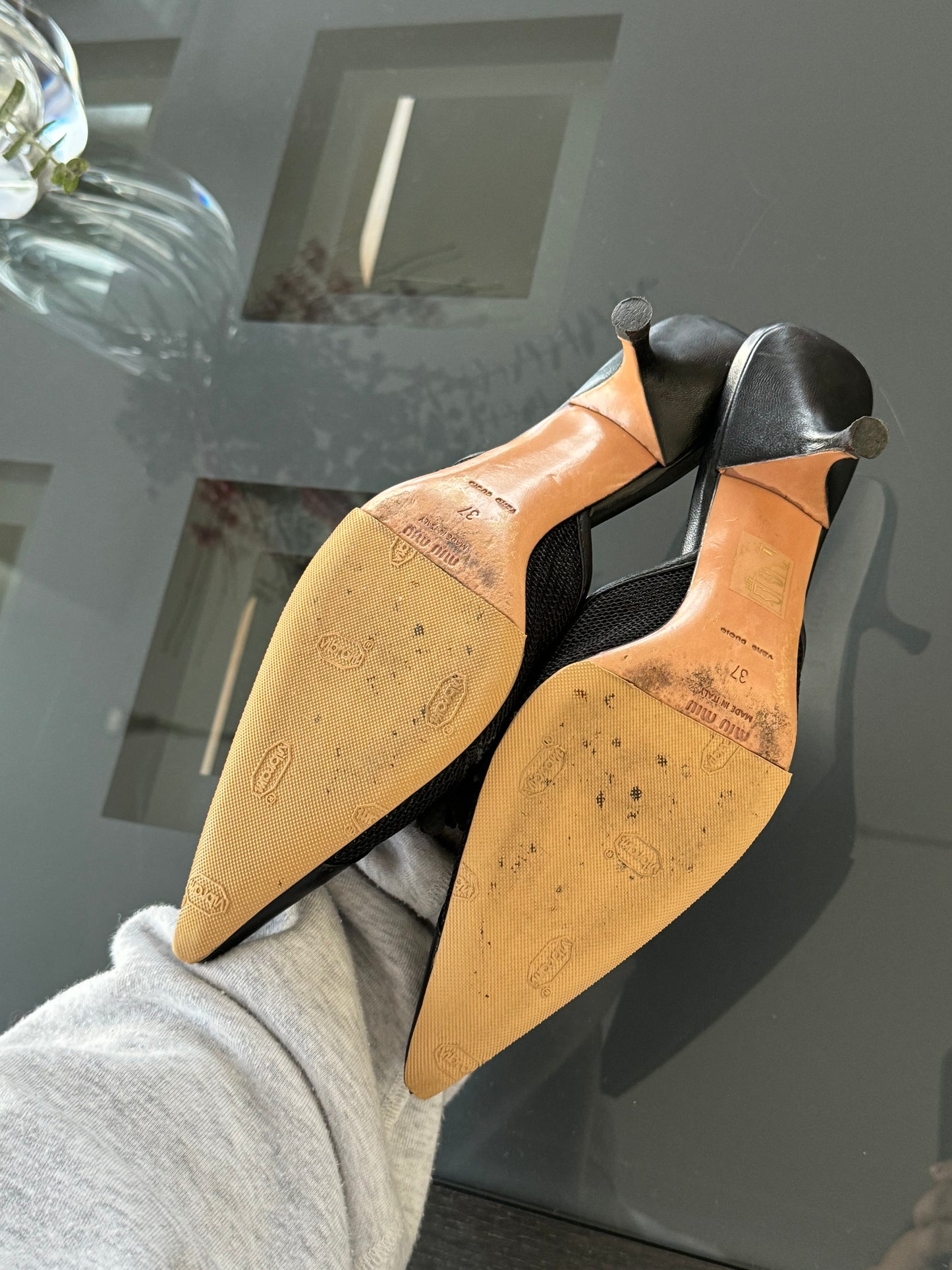 Miu Miu Leather/Mesh Flower Embellished Mules 37