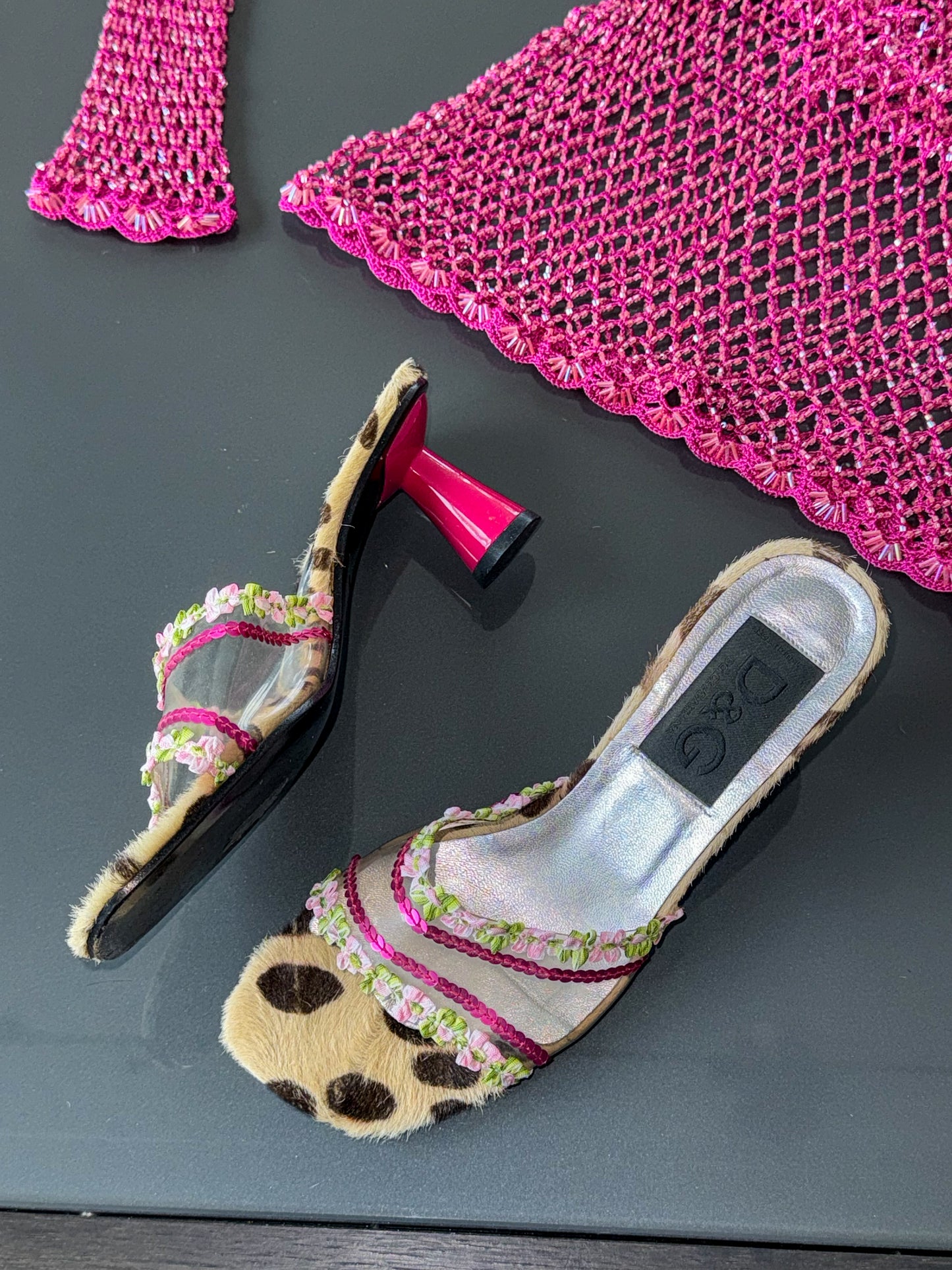 Vintage D&G Floral Sequin Cheetah Mules 37