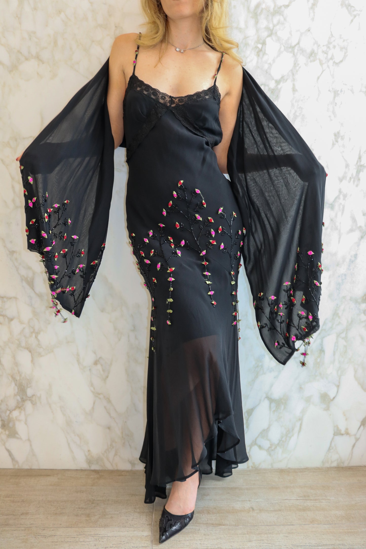 Sue Wong Silk Beaded Gown w/ matching shawl