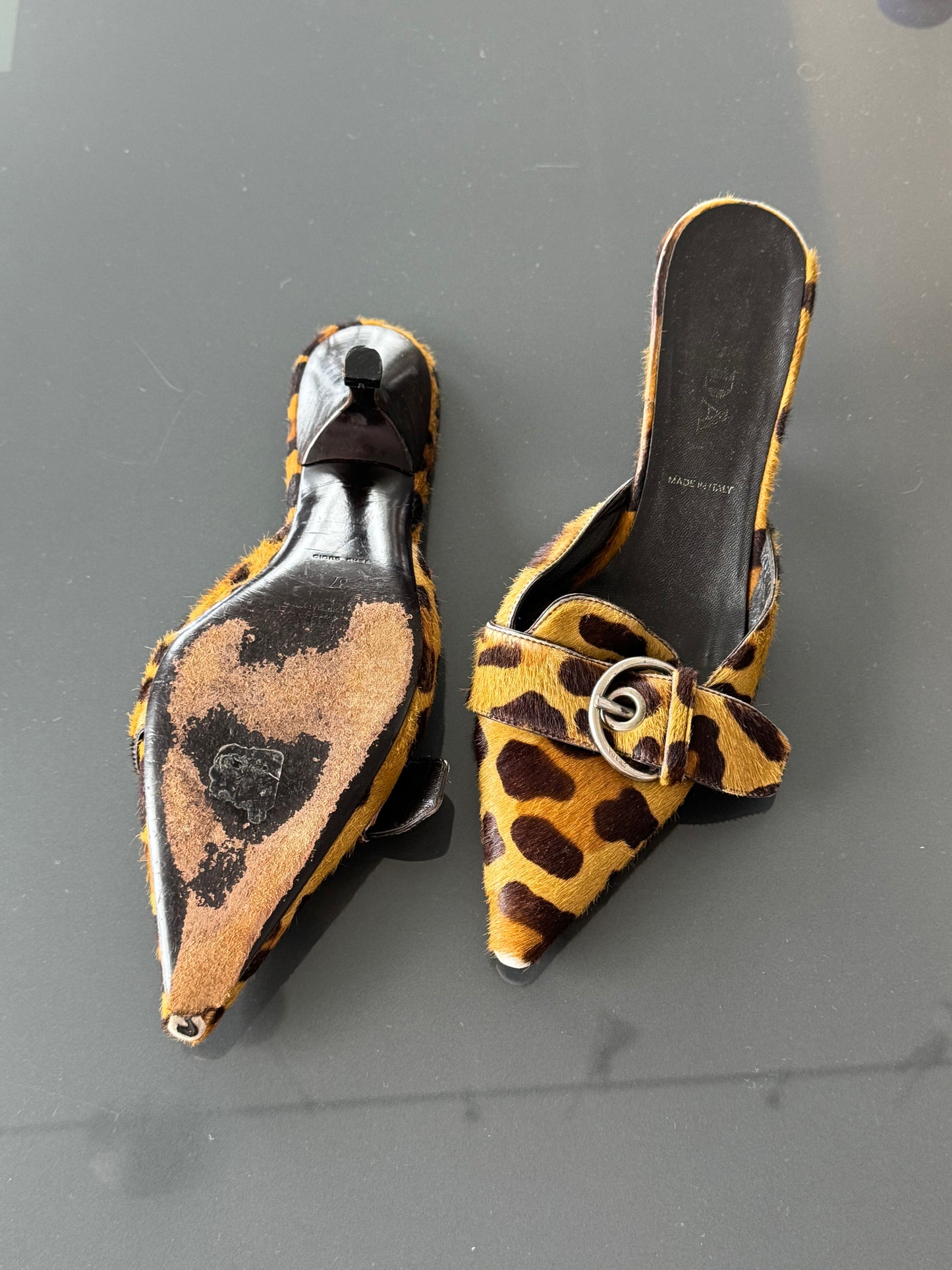 Vintage Prada Pony Leopard Mule Heels 37