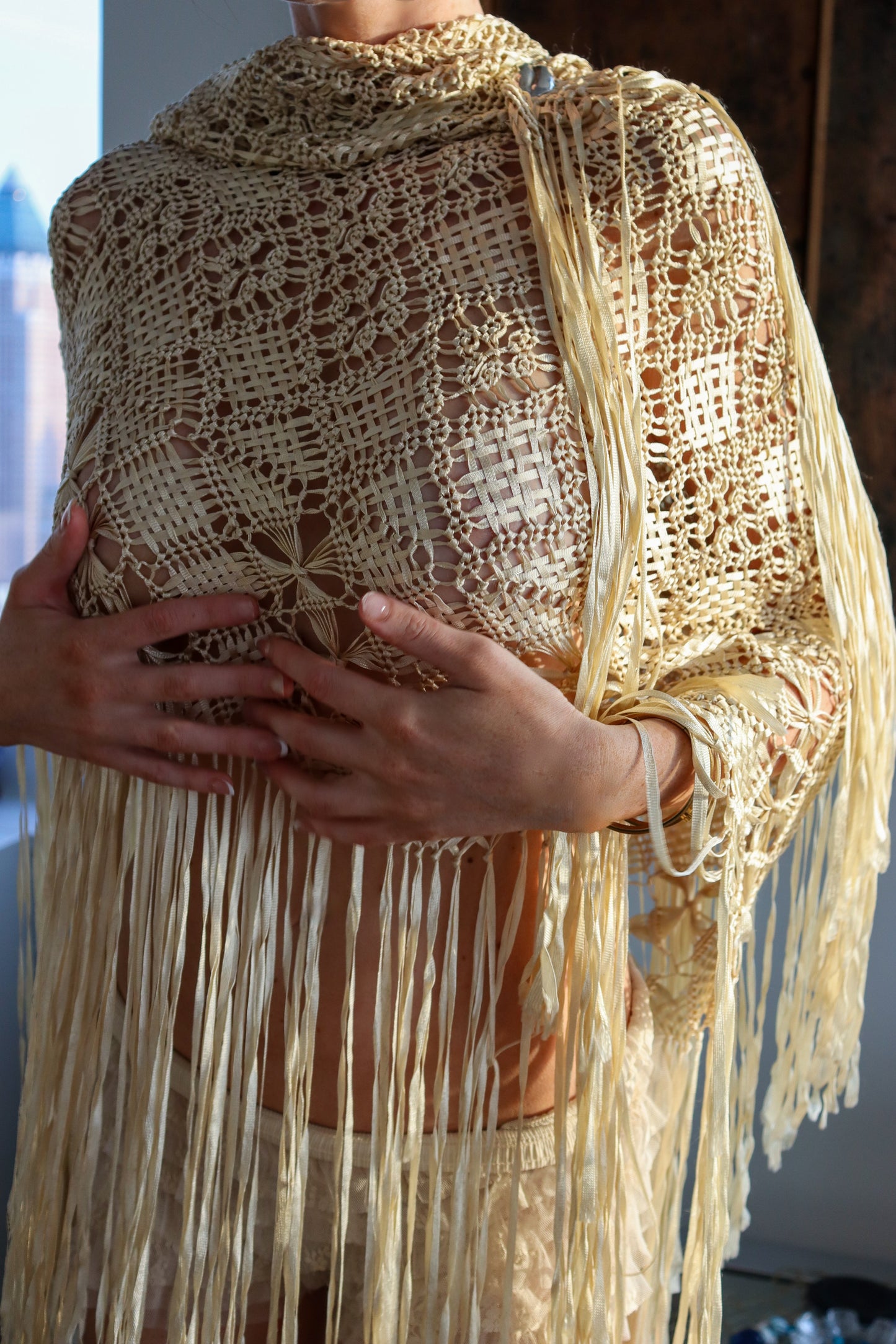 1920s Antique Silk Fringe Shawl