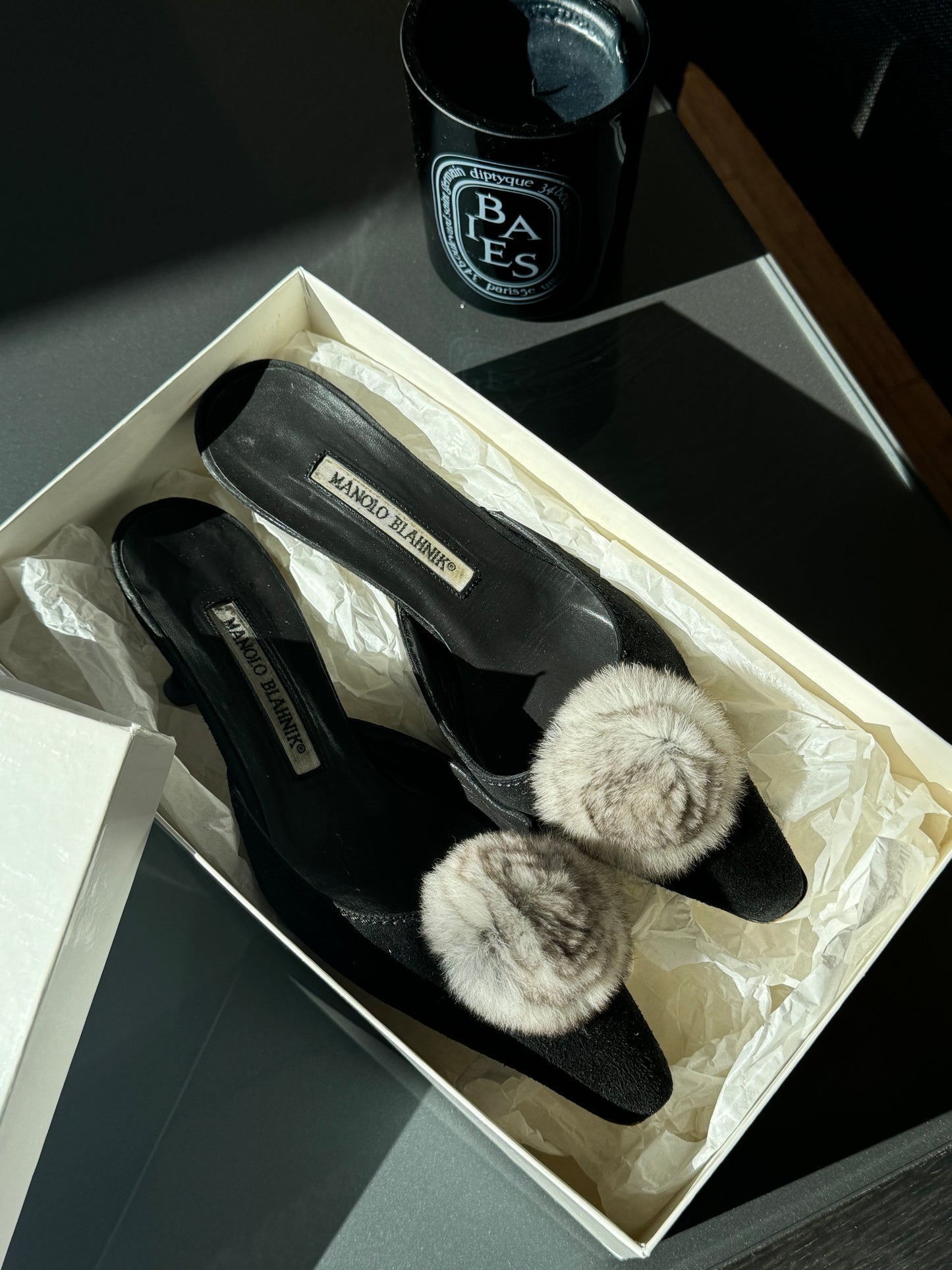 Manolo Blahnik Chinchilla Pom-Pom Mules 36
