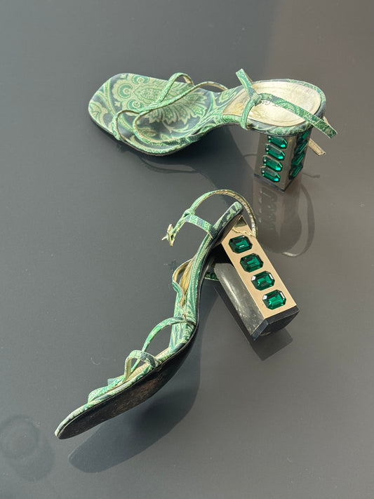 Dolce & Gabbana S/S 2000 Emerald Gem Block Heels 37.5
