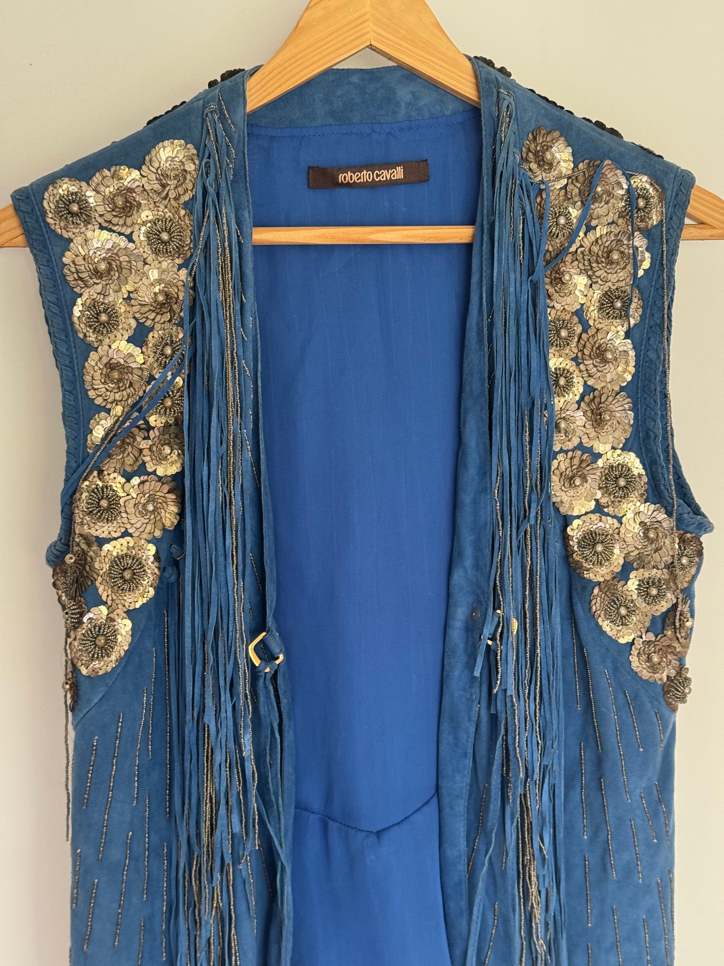 Roberto Cavalli Blue Suede Beaded Fringe Vest