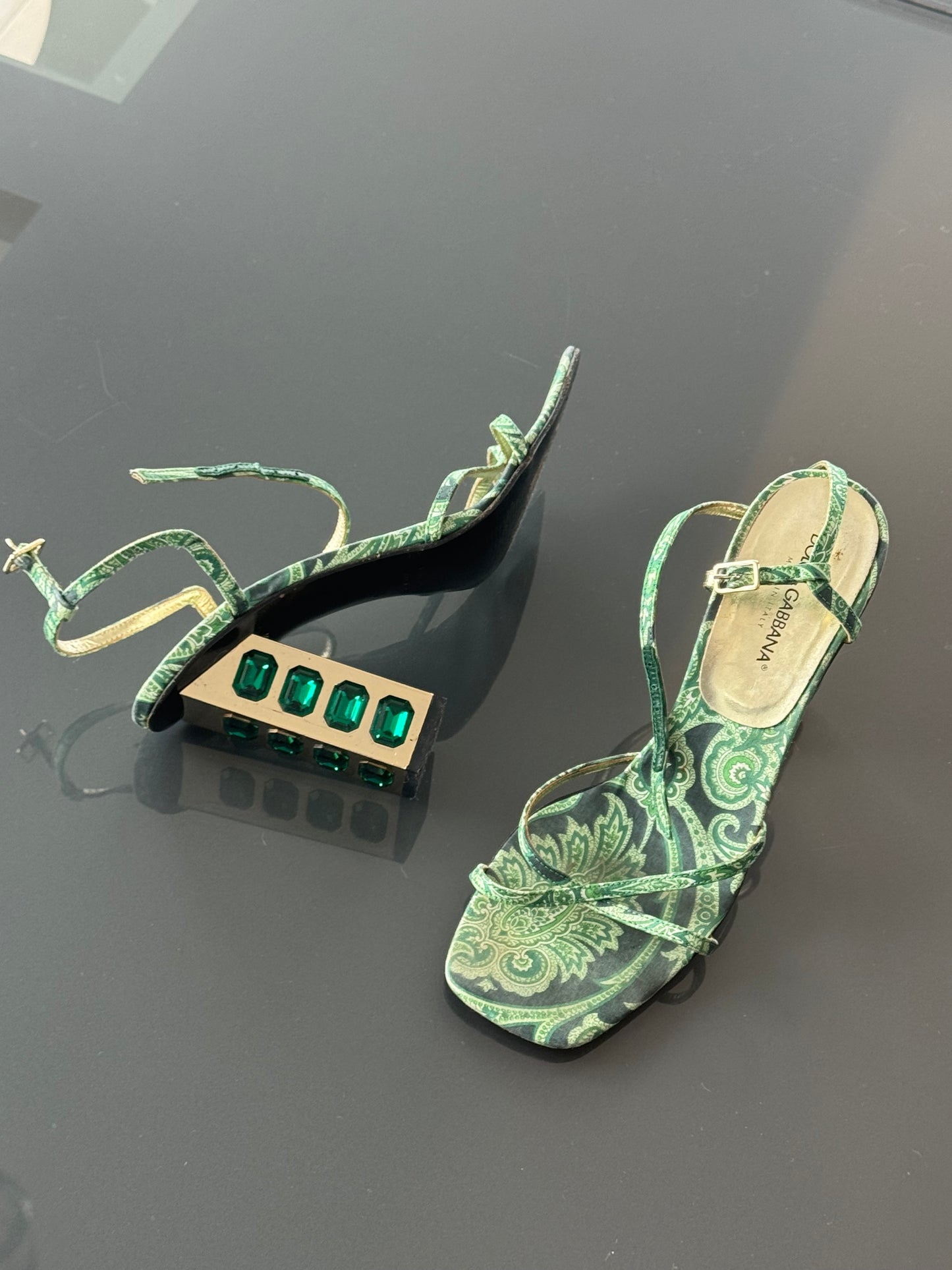 Dolce & Gabbana S/S 2000 Emerald Gem Block Heels 37.5