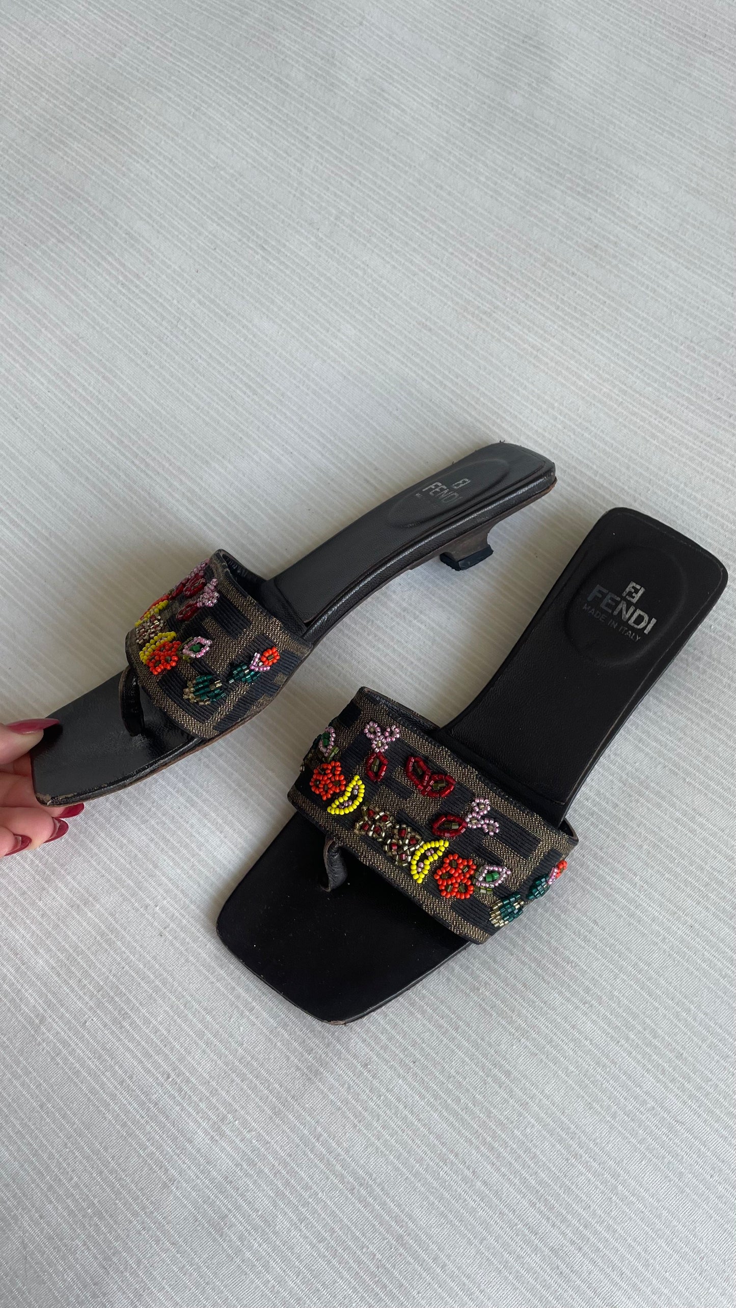 Fendi Zucca Beaded Kitten Sandals 36.5