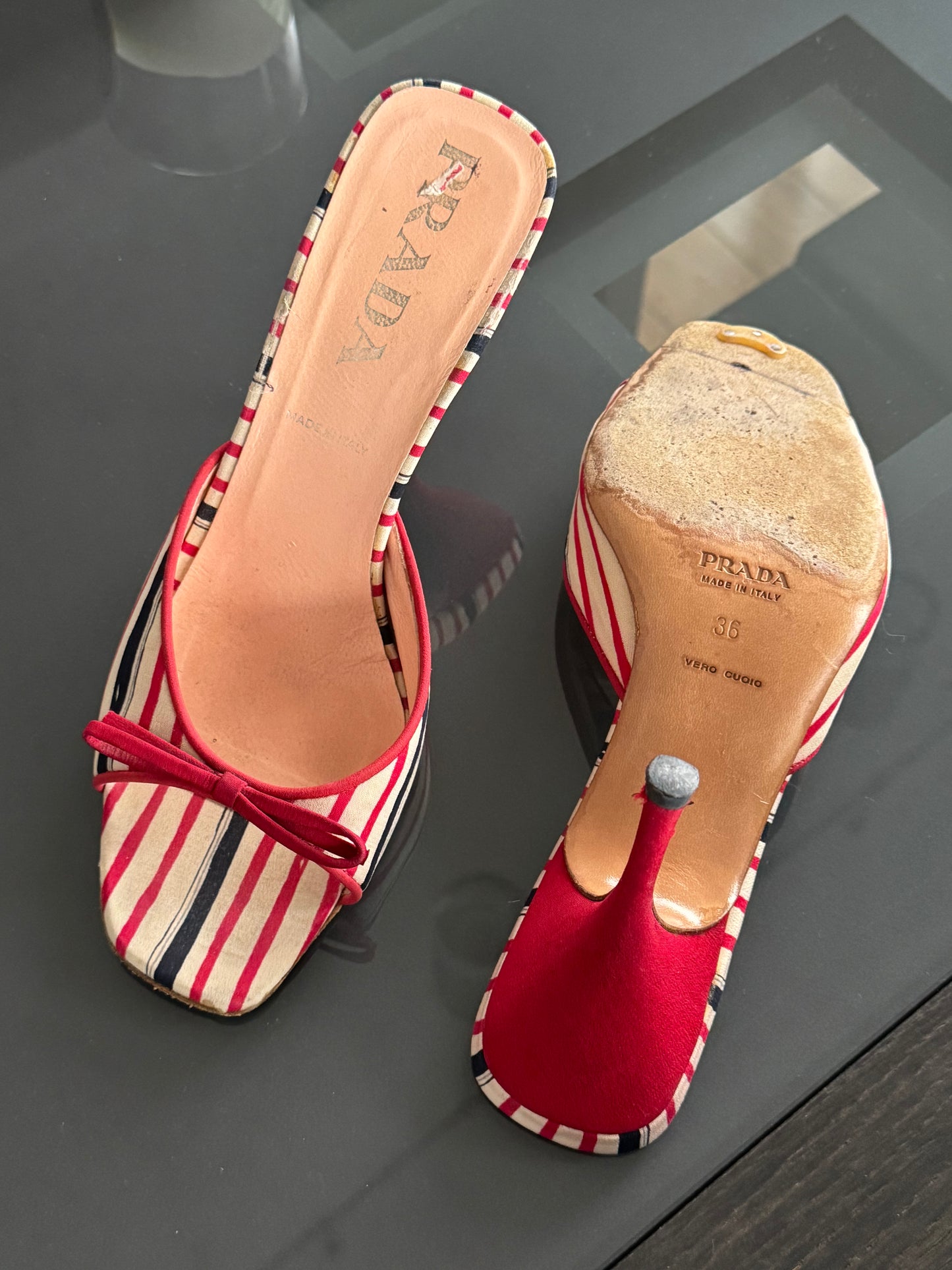 Prada Striped Bow Sandal Heels 36