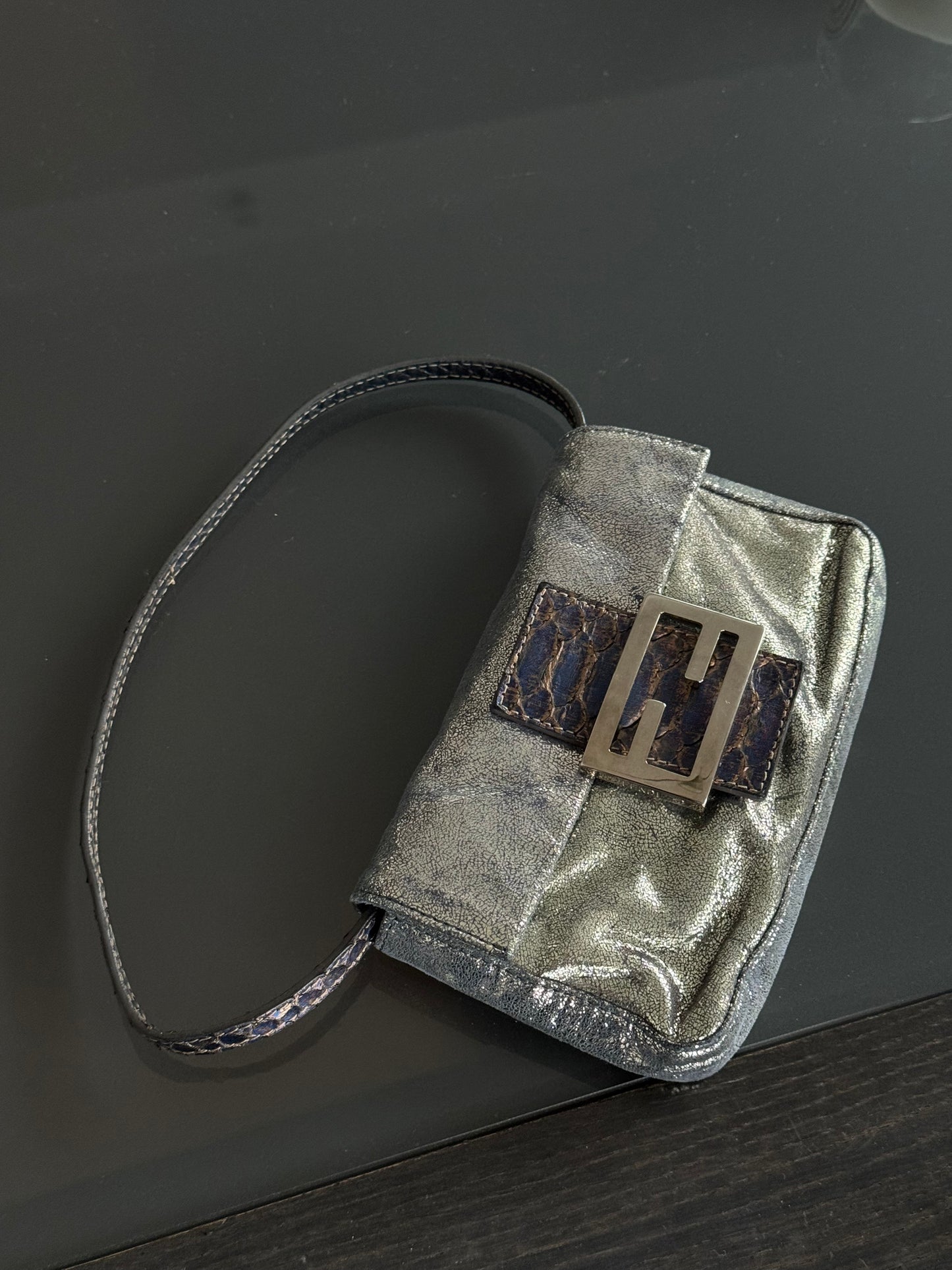 Vintage Fendi Glitter Mini Baguette with Python Trim