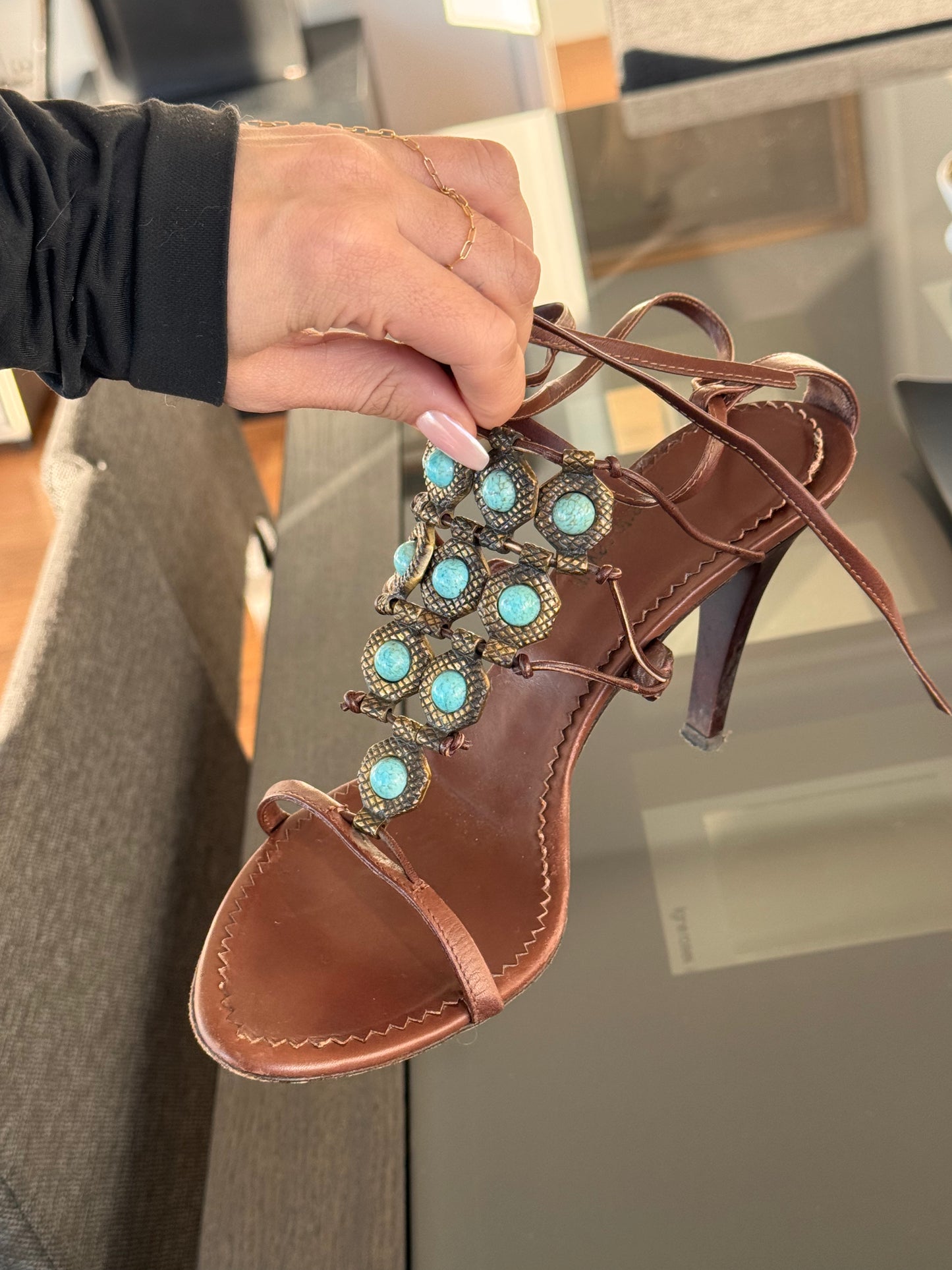 Vintage Roberto Cavalli Turquoise Embellished Leather Lace-Up Heels 38