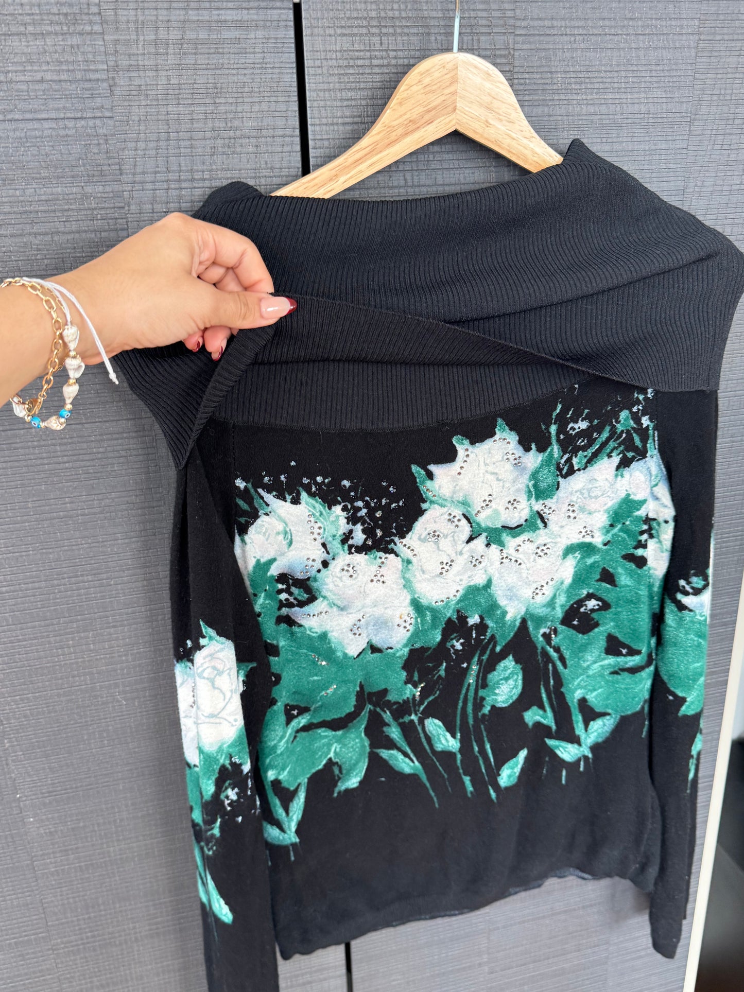 Blumarine Vintage Off-Shoulder Rhinestone Sweater