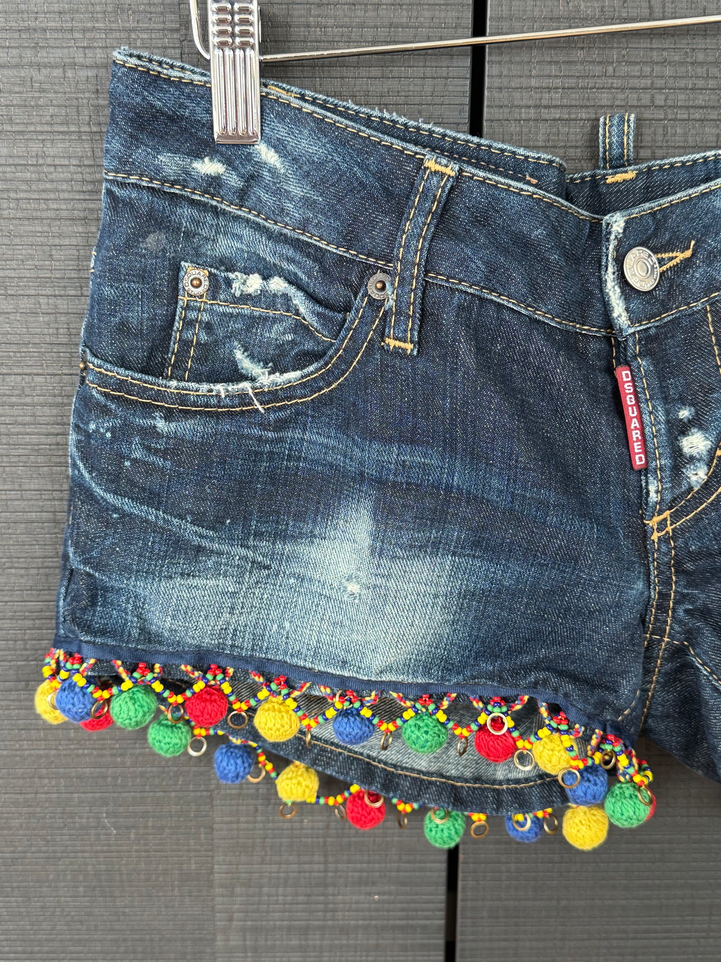 Dsquared² Pom-Pom Crochet Denim Mini Shorts