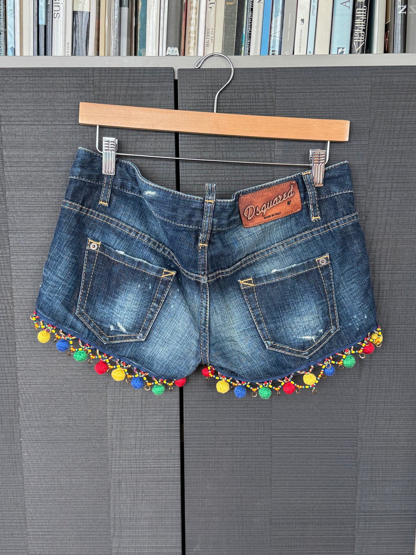 Dsquared² Pom-Pom Crochet Denim Mini Shorts