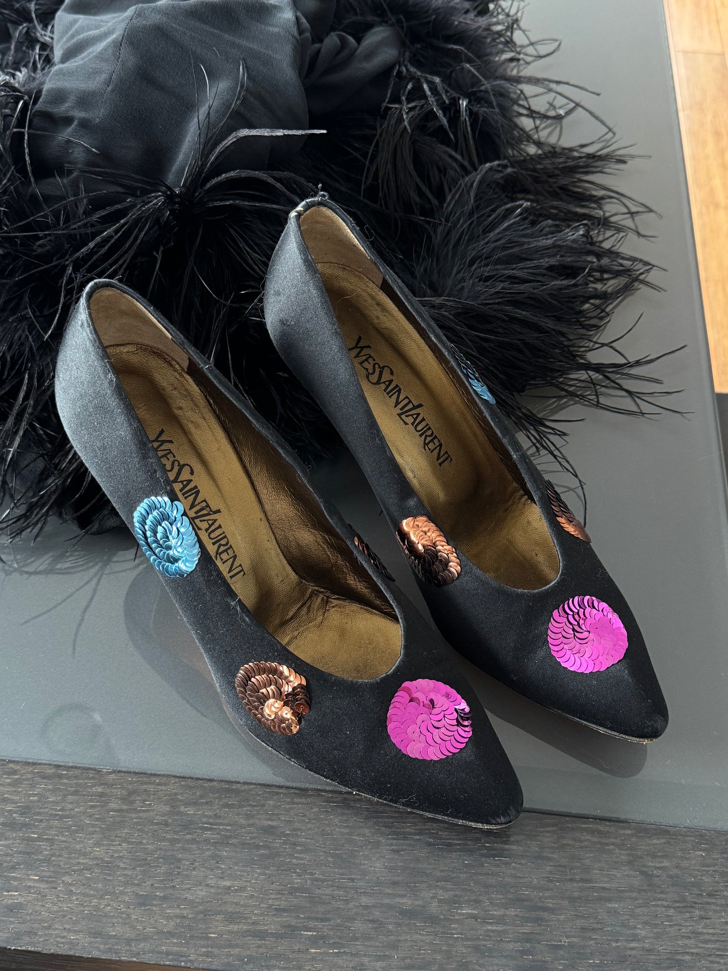 Yves Saint Laurent Vintage Silk Sequin Heels 38/38.5