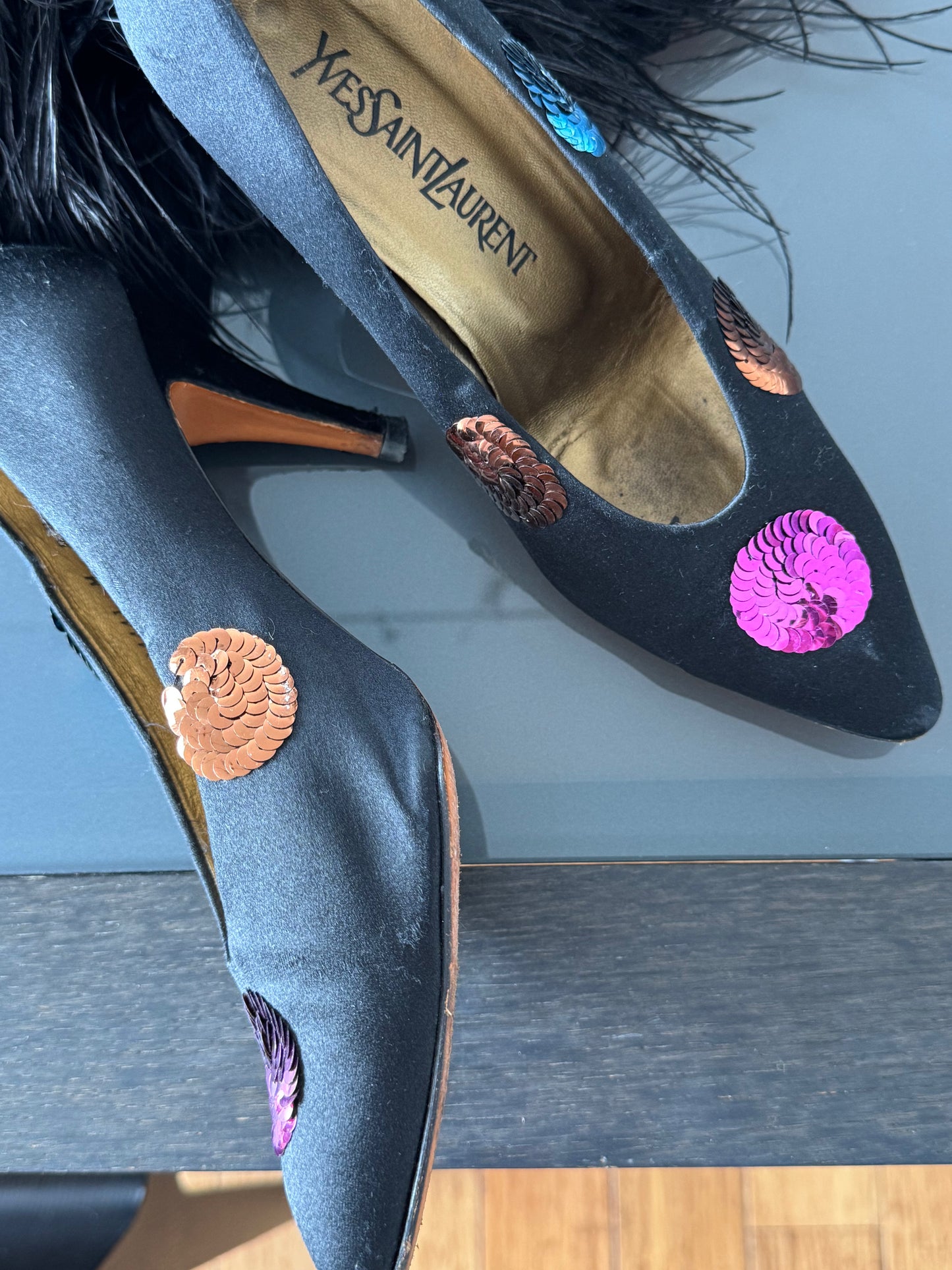 Yves Saint Laurent Vintage Silk Sequin Heels 38/38.5