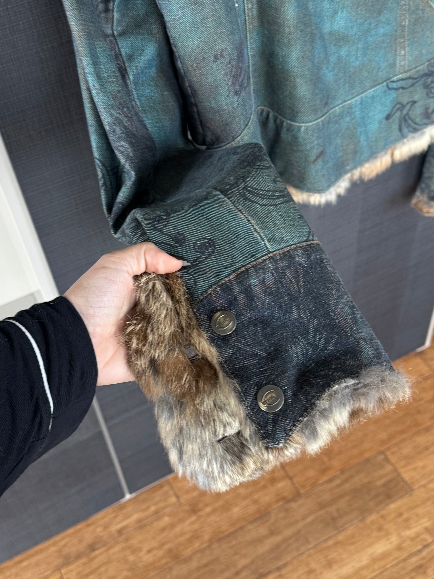 Just Cavalli Vintage Tattoo Denim Jacket Lined w/ Fur