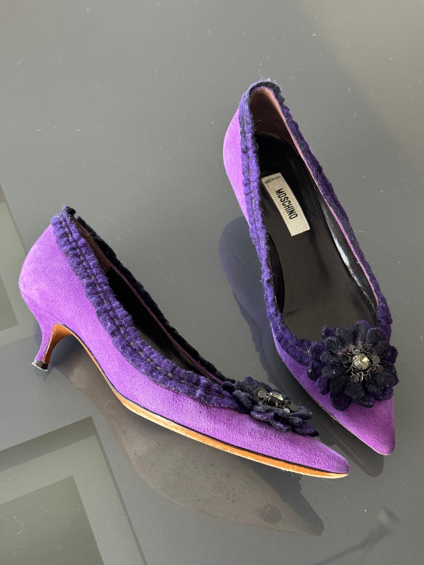 Vintage Moschino Purple Suede Floral Kitten Heels 36.5/37