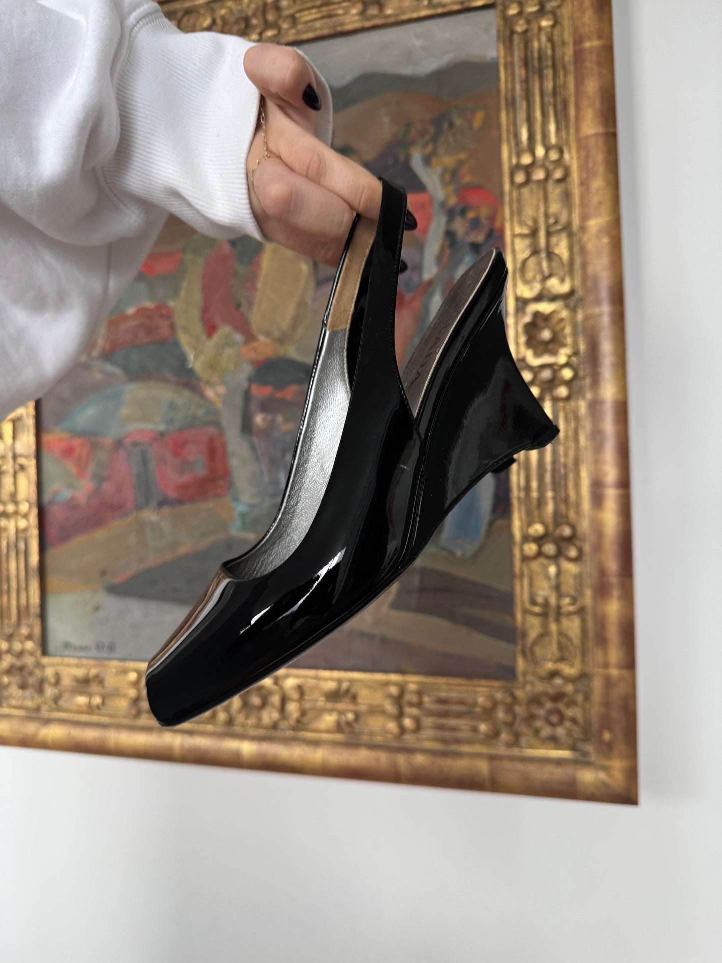 Prada Black Patent Peep-Toe Slingback Wedges 36