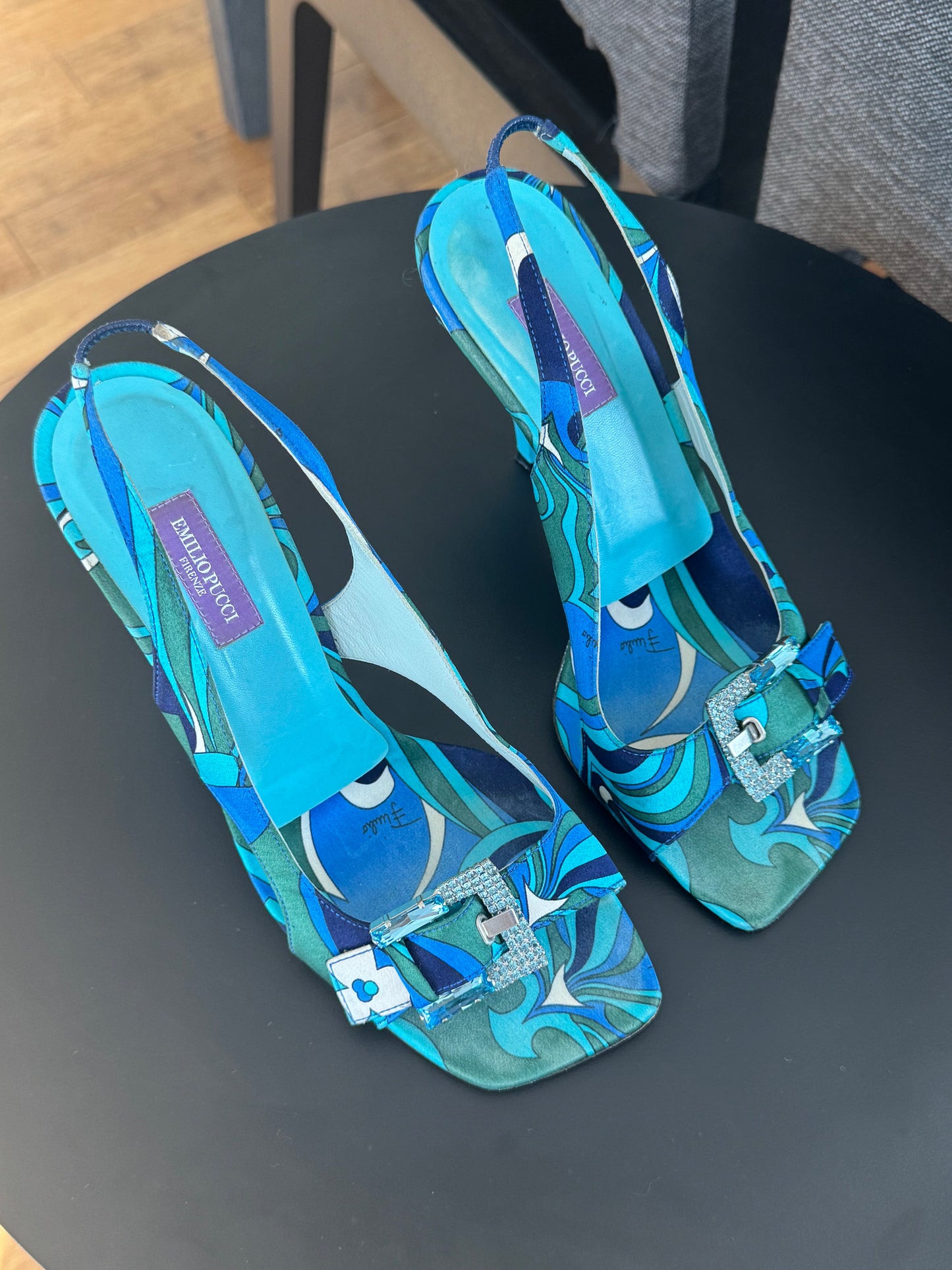 Vintage Emilio Pucci Silk Slingback Sandals with Crystals 38