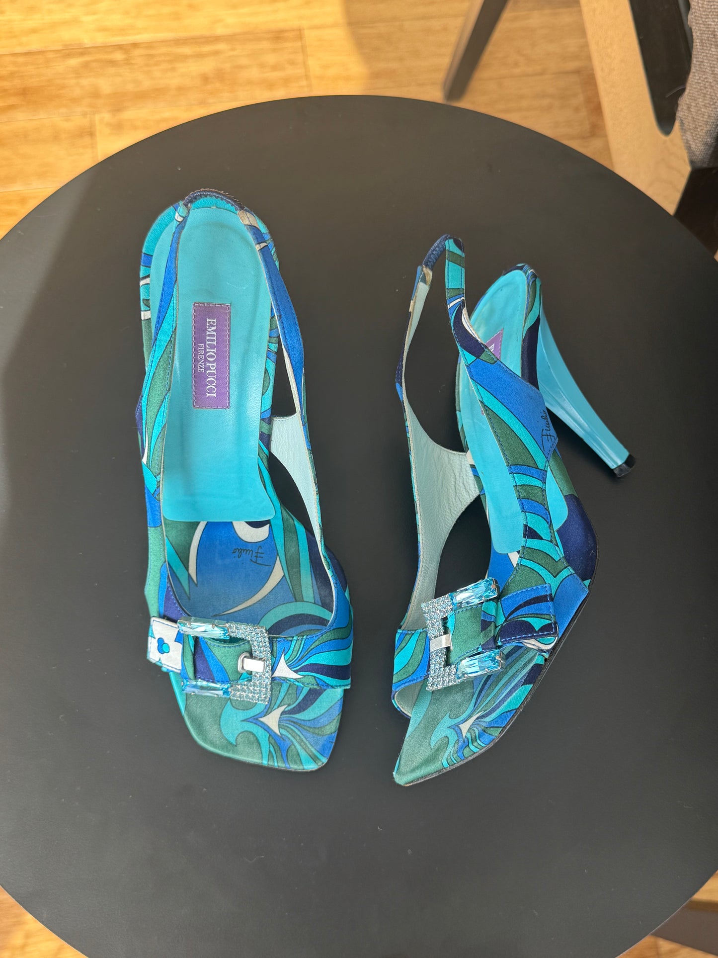 Vintage Emilio Pucci Silk Slingback Sandals with Crystals 38