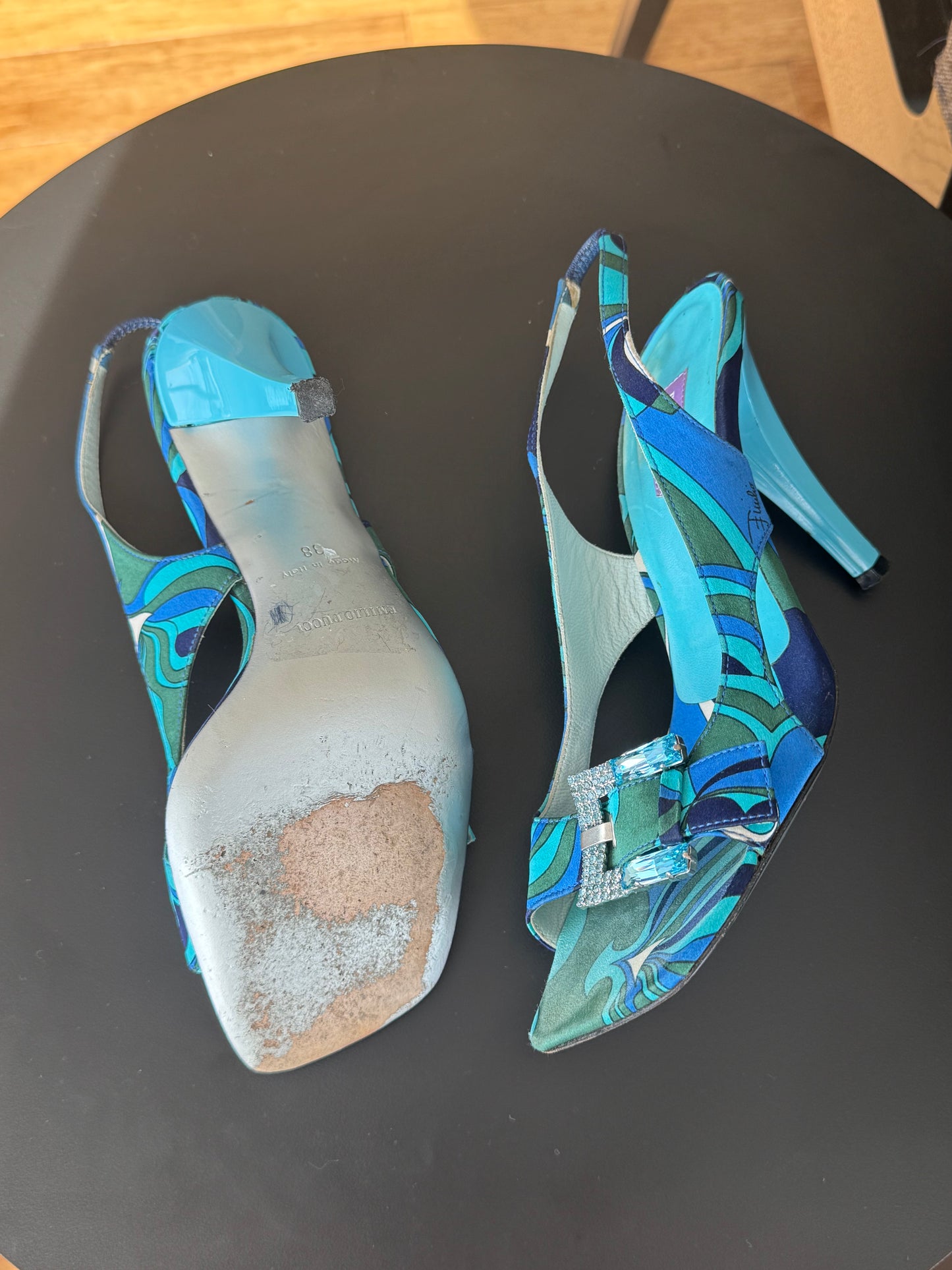 Vintage Emilio Pucci Silk Slingback Sandals with Crystals 38