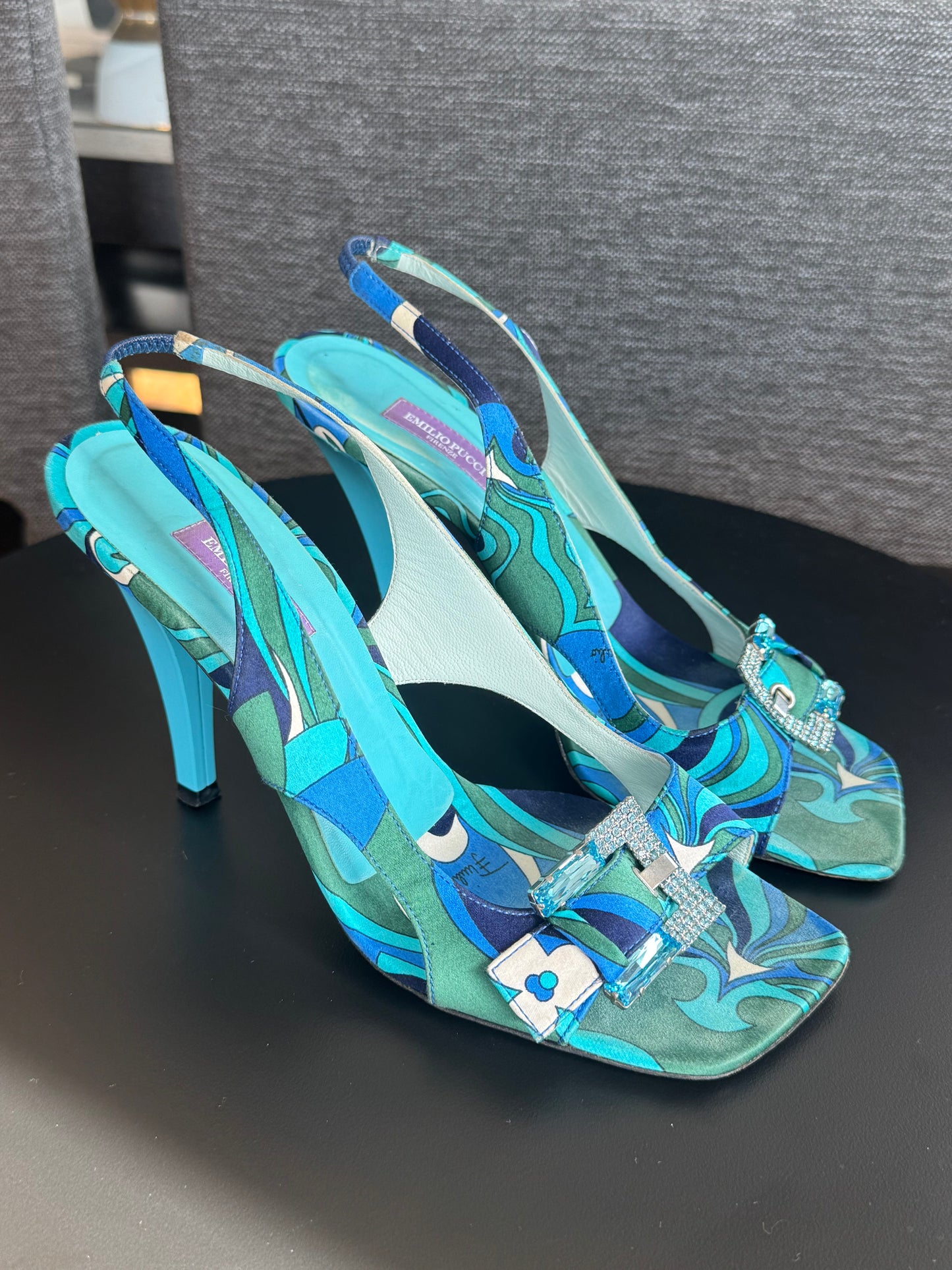 Vintage Emilio Pucci Silk Slingback Sandals with Crystals 38
