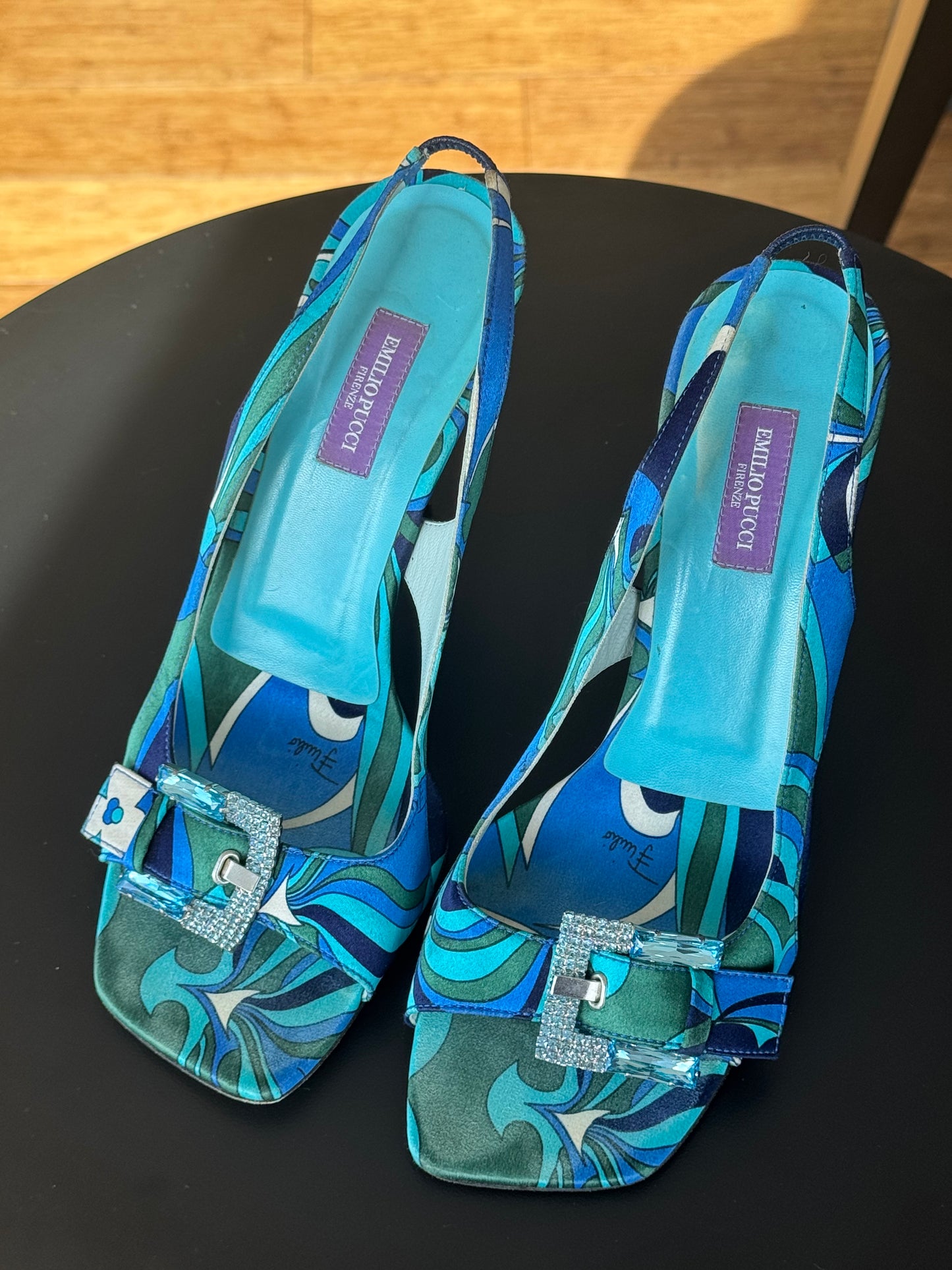 Vintage Emilio Pucci Silk Slingback Sandals with Crystals 38
