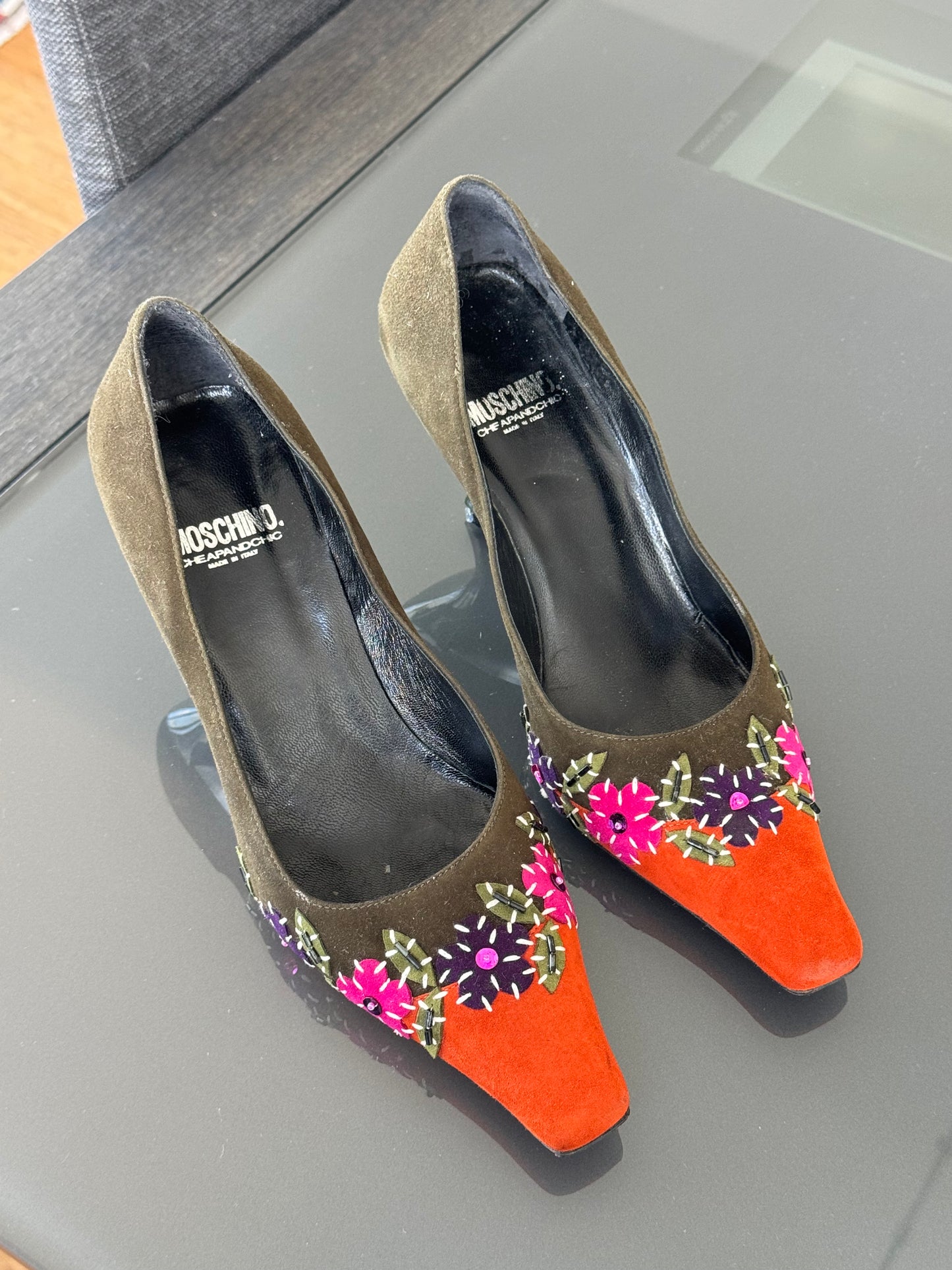 Vintage Moschino Cheap and Chic Embellished Suede Kitten Heels ~36.5