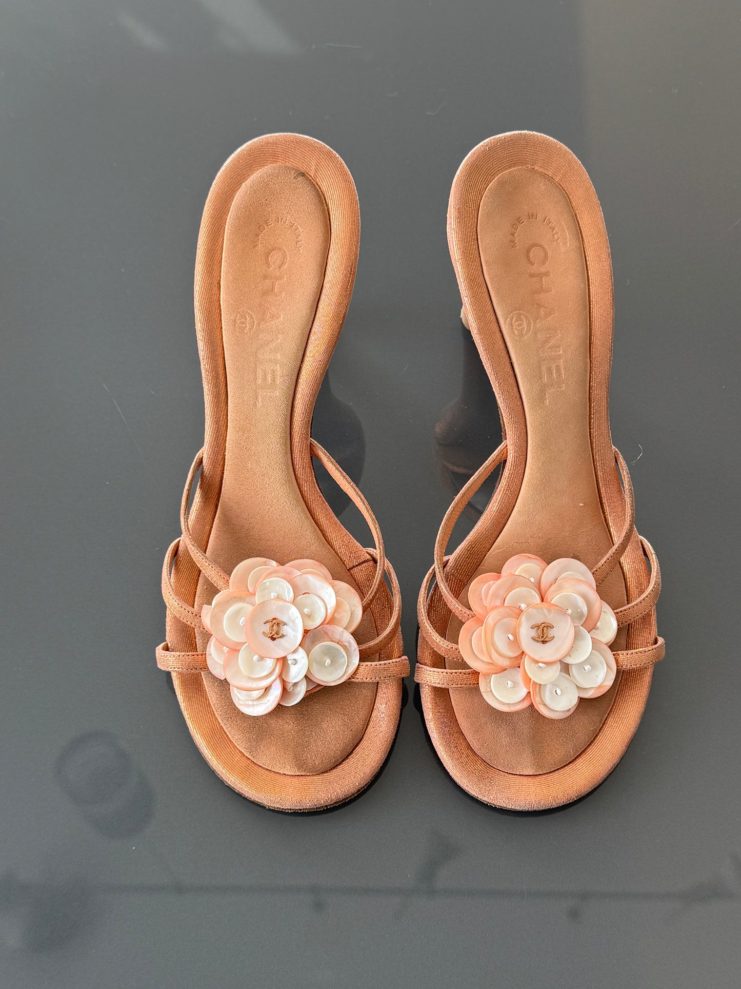 Chanel Mother-of-Pearl Camellia Mules 36.5