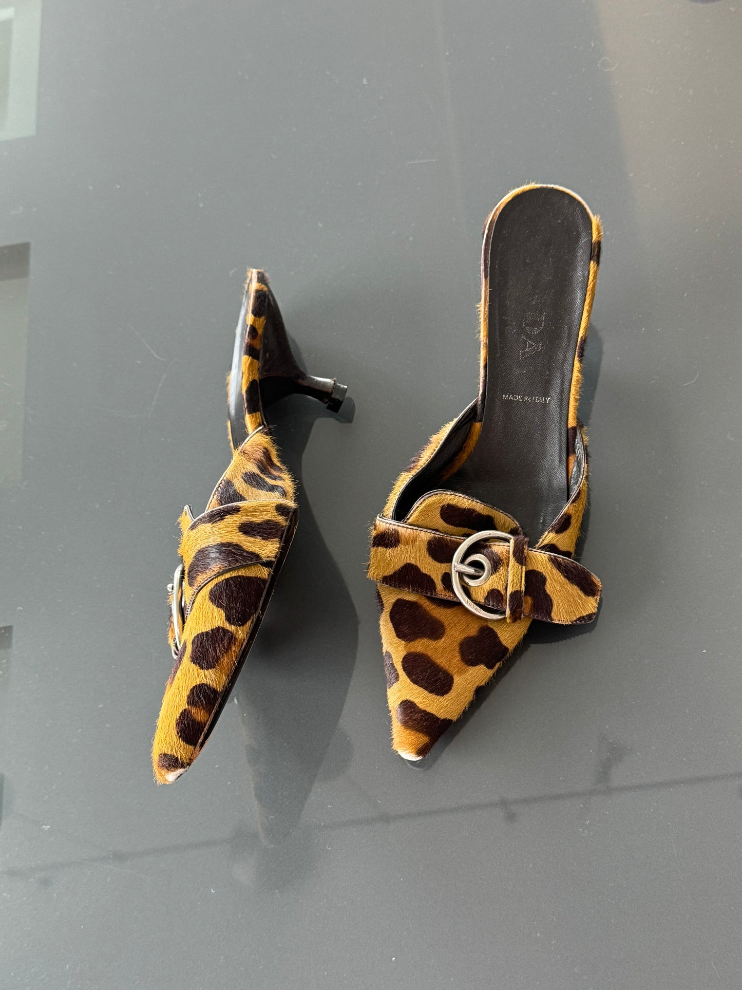 Vintage Prada Pony Leopard Mule Heels 37