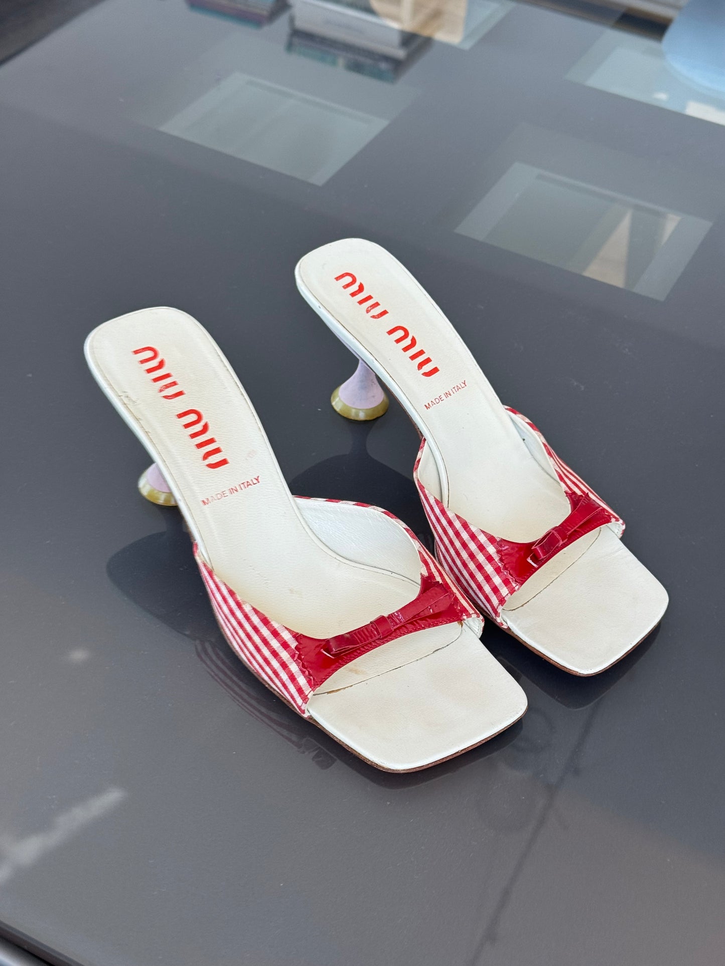 Miu Miu Red Gingham Bow Mules 39
