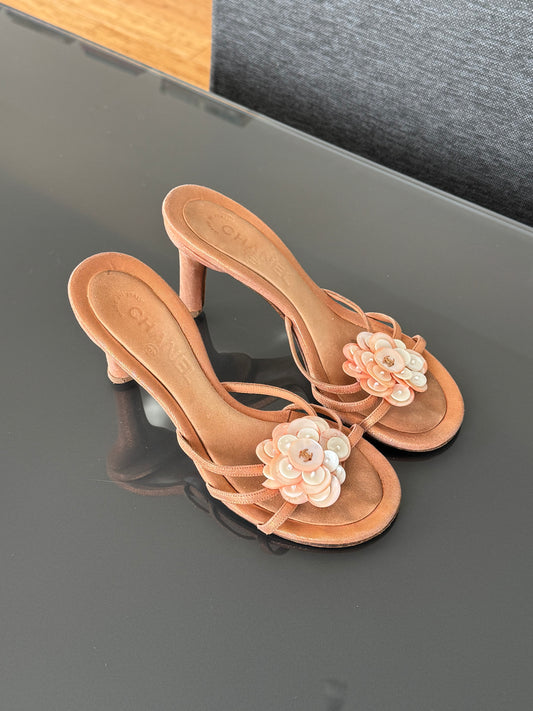 Chanel Mother-of-Pearl Camellia Mules 36.5