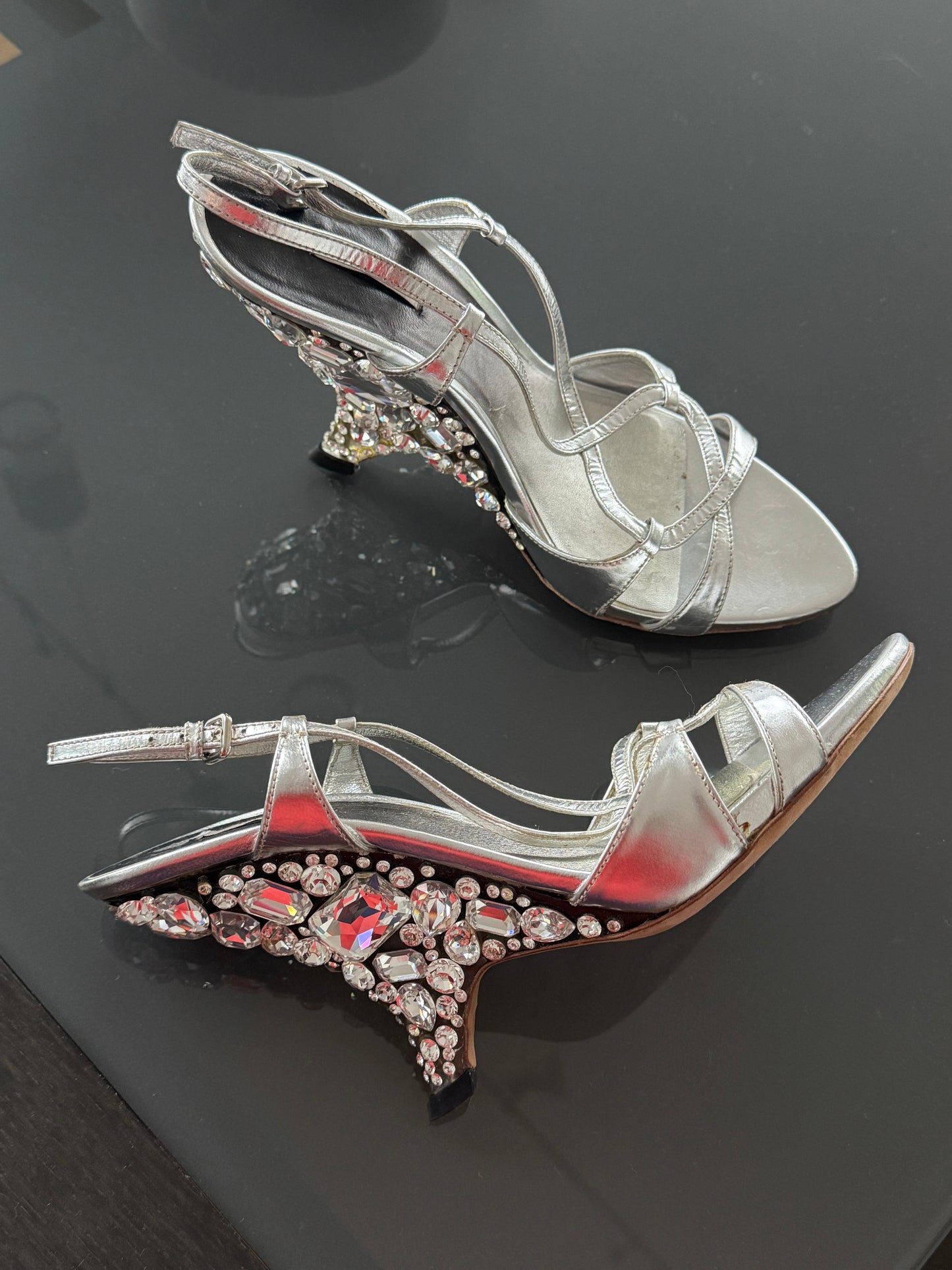 Miu Miu Crystal-Embellished Silver Sandal Heels 37