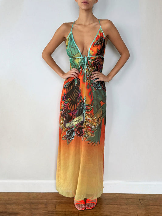 Vintage Ed Hardy Tattoo Print Open Back Maxi Dress