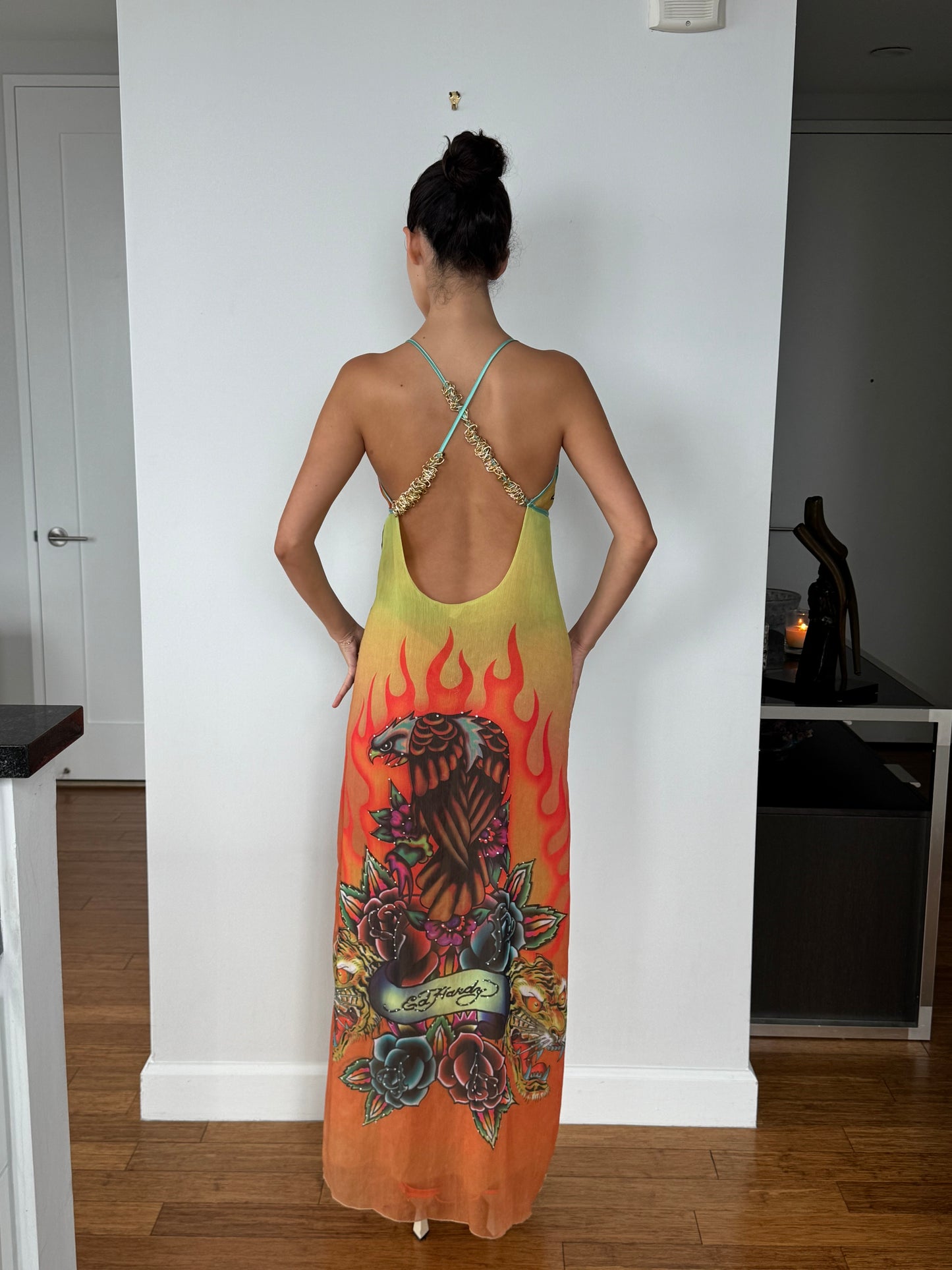 Vintage Ed Hardy Tattoo Print Open Back Maxi Dress