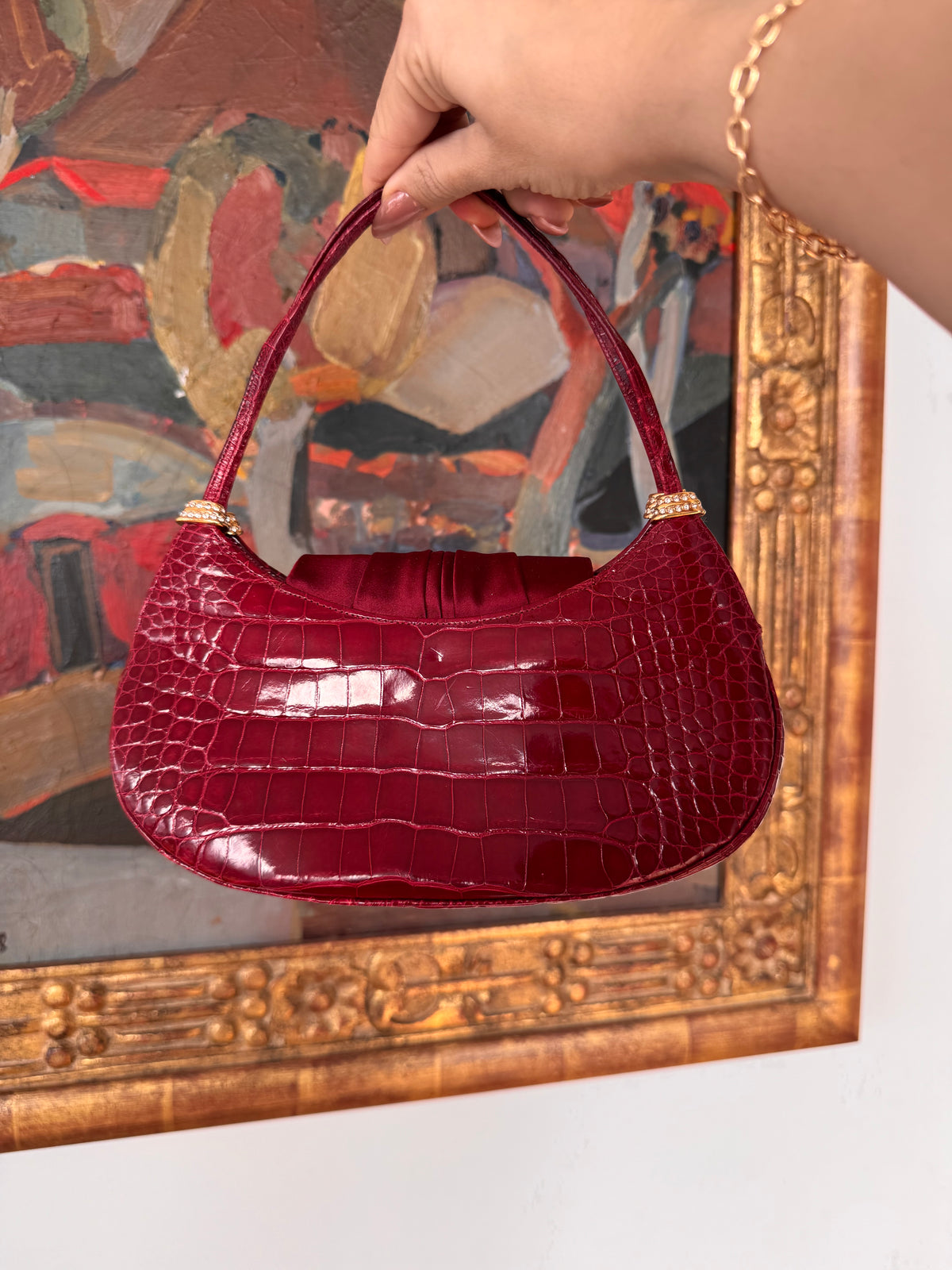 Vintage Judith Leiber Red Crocodile Swarovski Crystal Silk Handbag