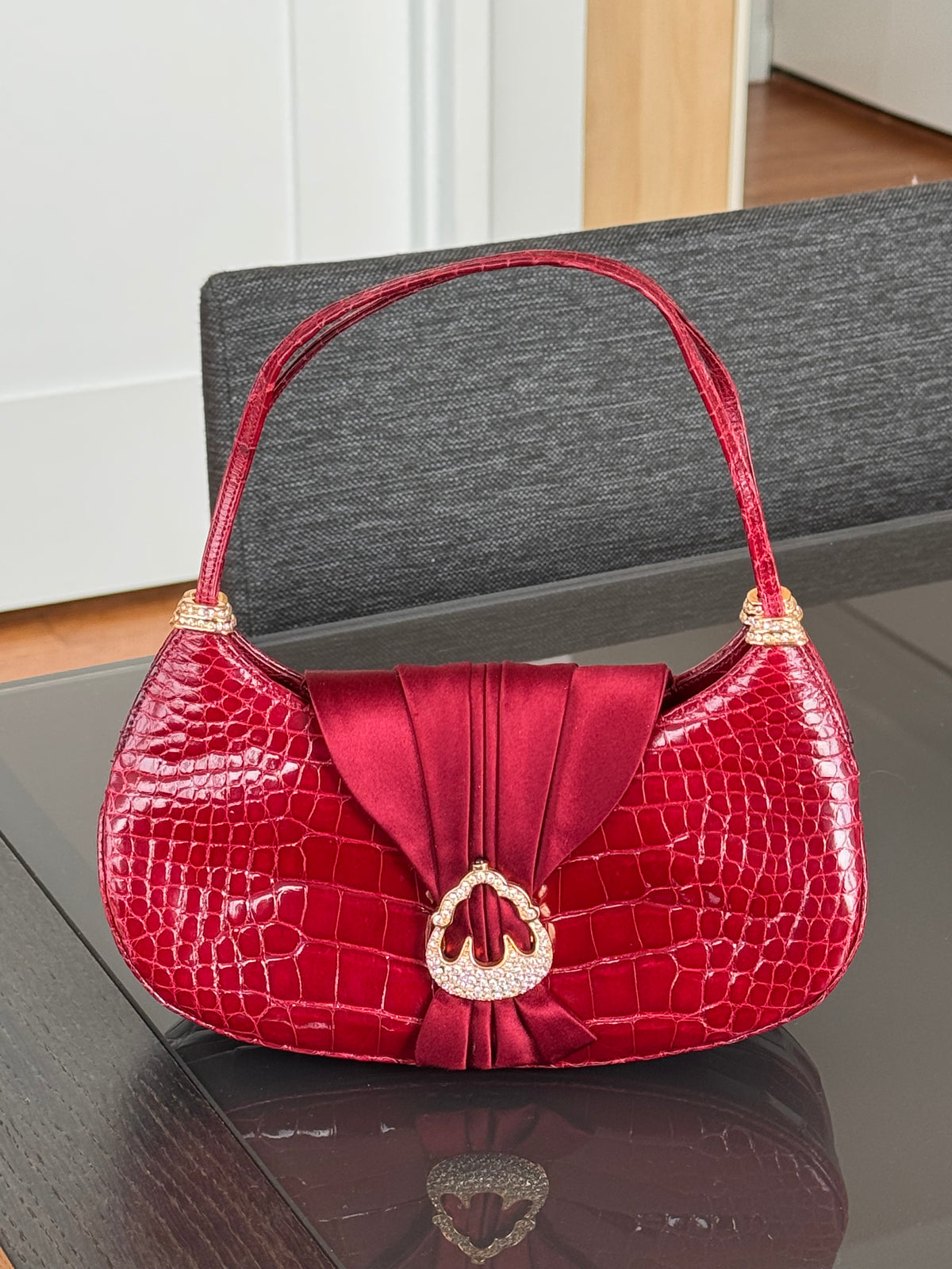 Vintage Judith Leiber Red Crocodile Swarovski Crystal Silk Handbag