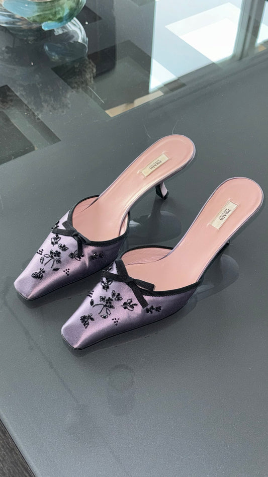 Prada Vintage Beaded Silk Mules 37