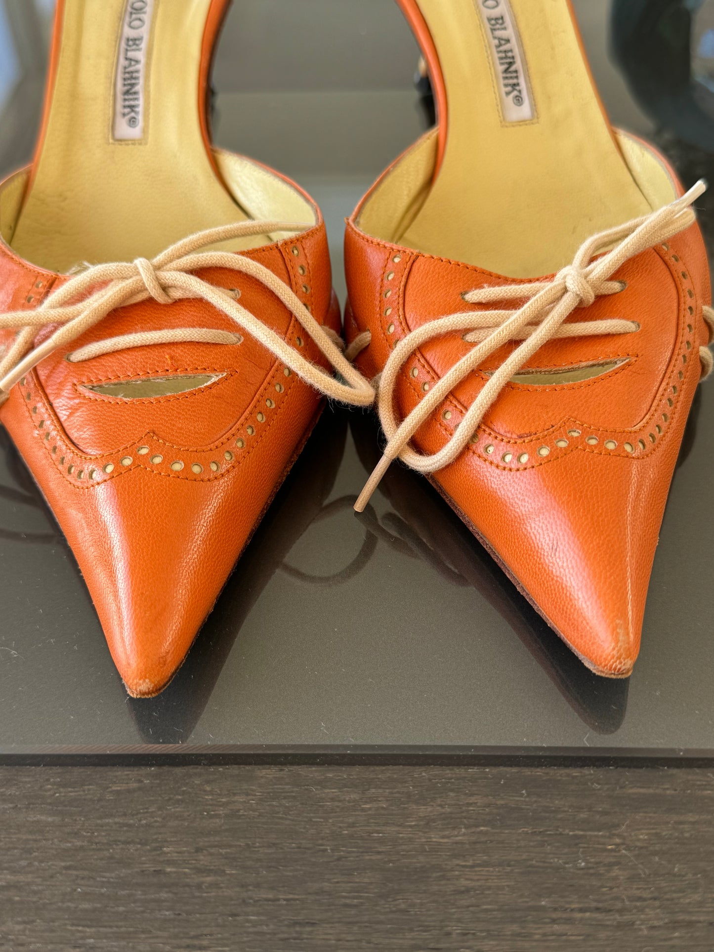 Manolo Blahnik Orange Lace Up Mules 39 (Runs Small)