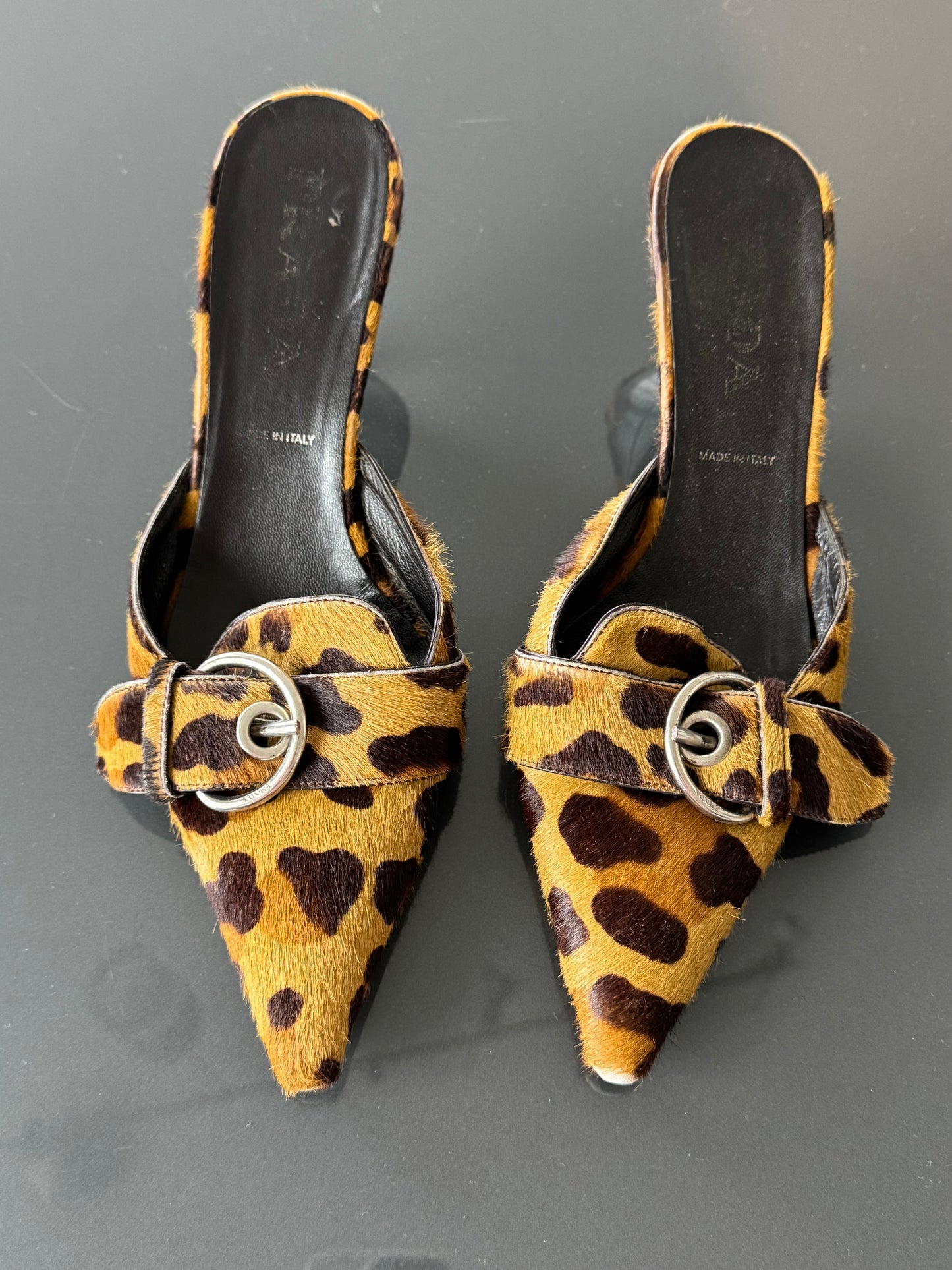 Vintage Prada Pony Leopard Mule Heels 37