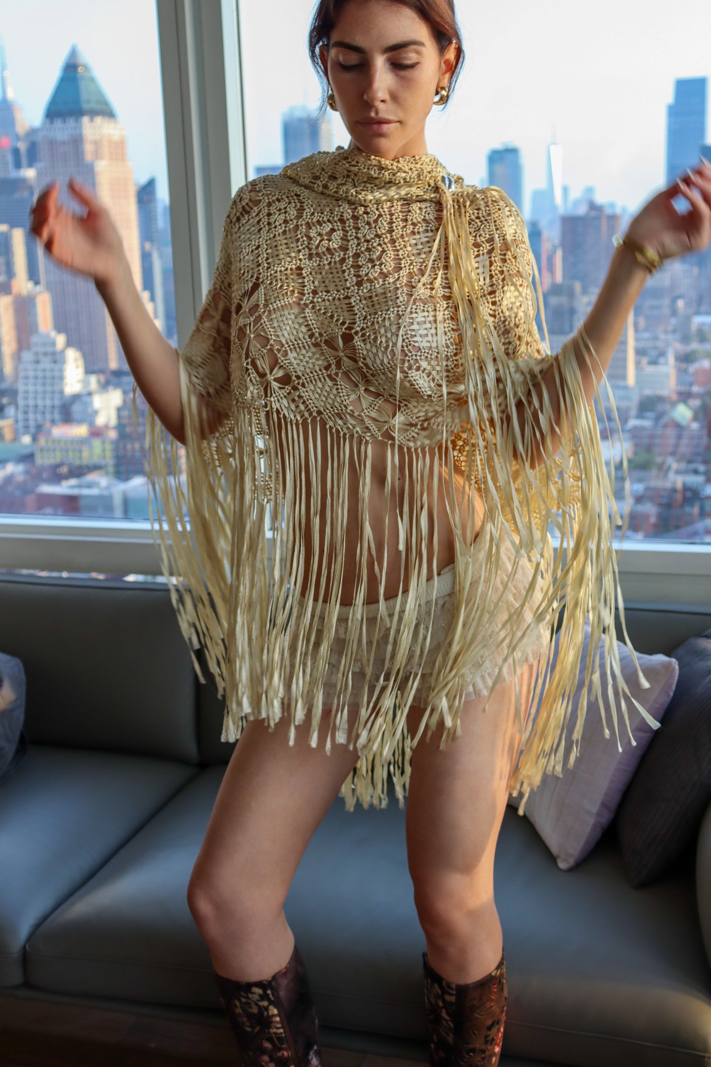 1920s Antique Silk Fringe Shawl