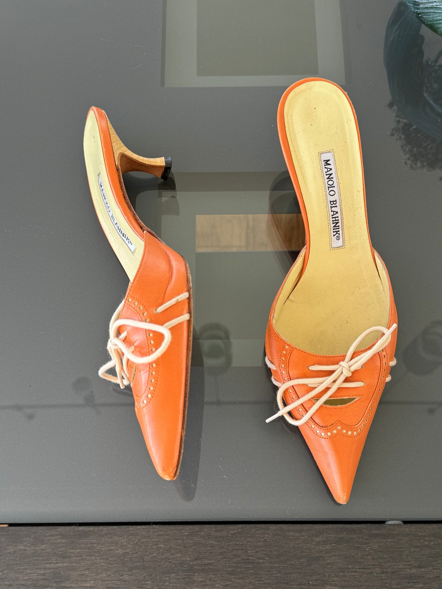 Manolo Blahnik Orange Lace Up Mules 39 (Runs Small)