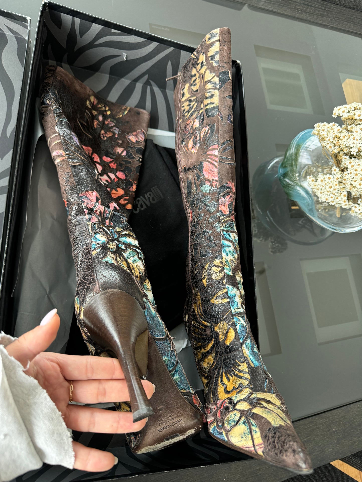 Roberto Cavalli Tattoo Laser Cut Suede Boots 40