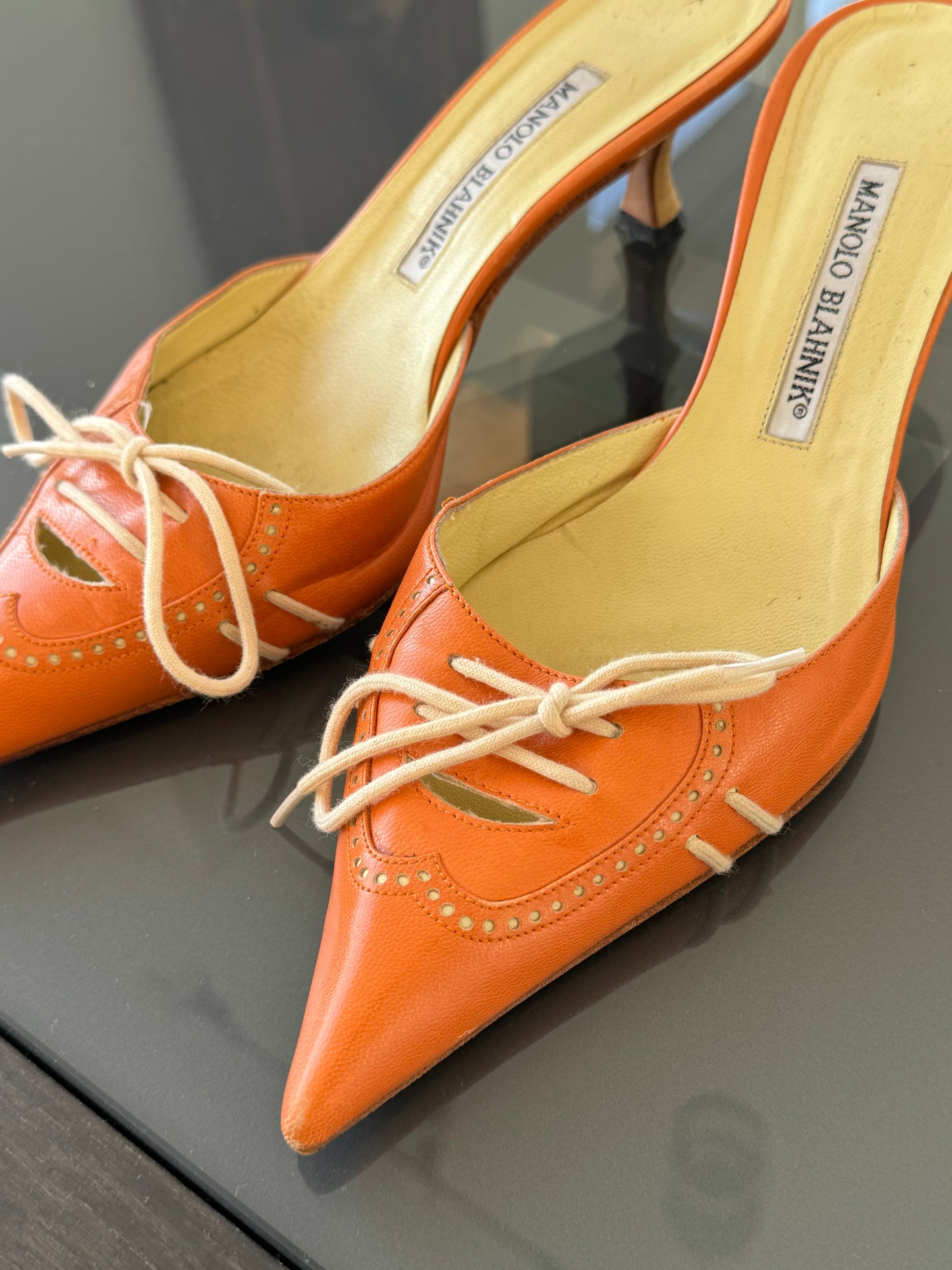 Manolo Blahnik Orange Lace Up Mules 39 (Runs Small)