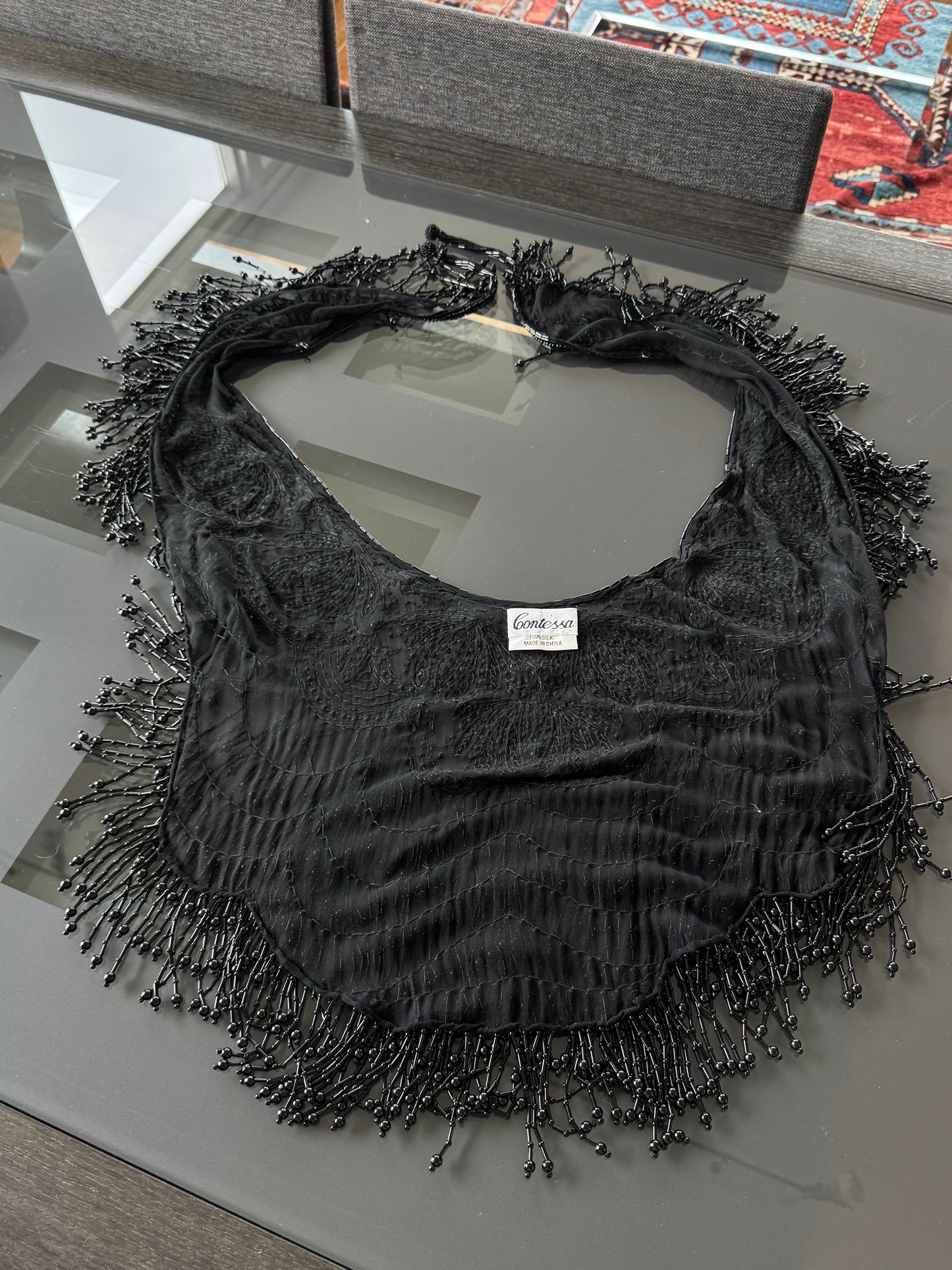 Vintage Black Beaded Silk Fringe Shawl Top